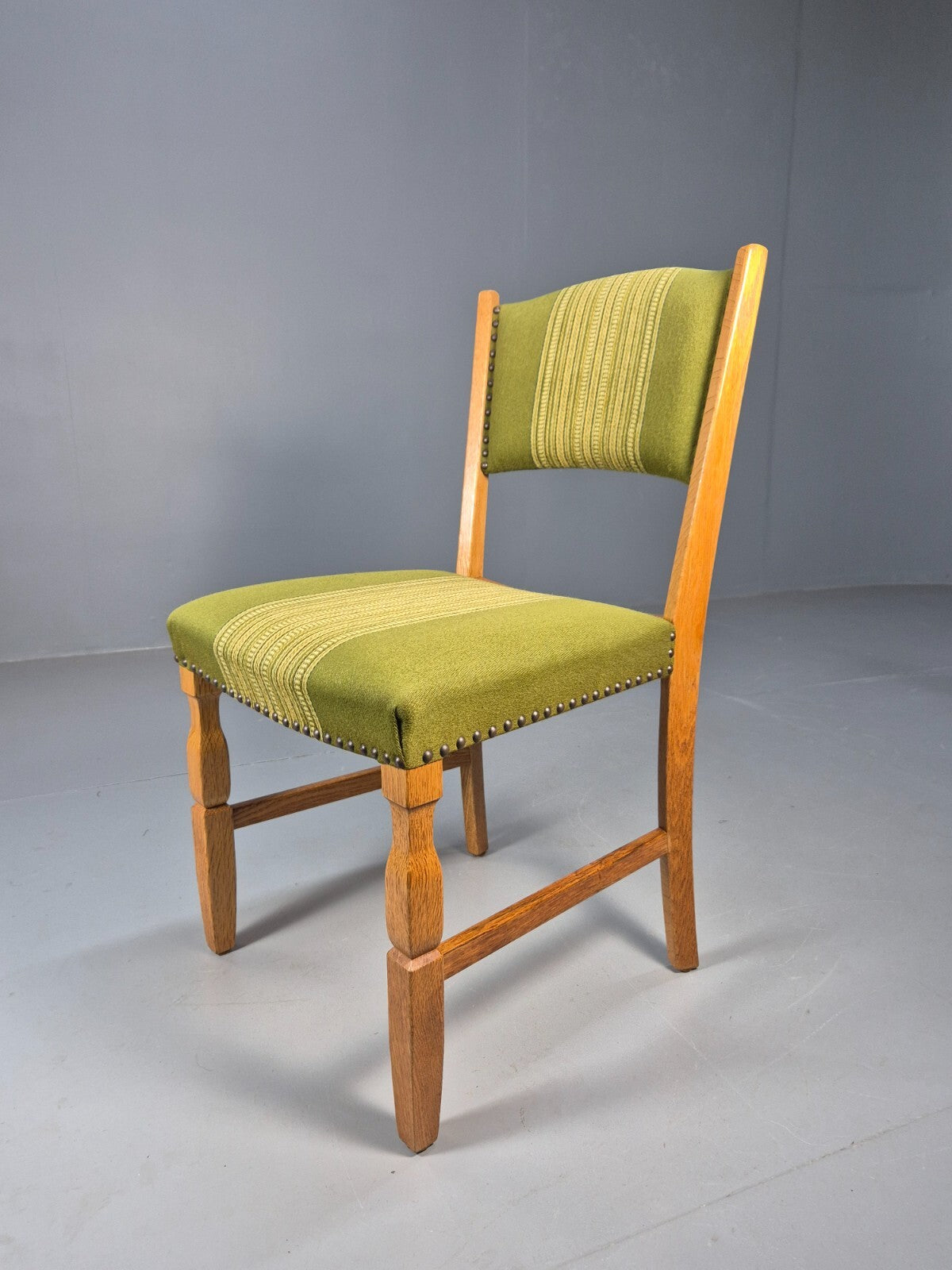 6 Kjaenulf Oak Danish Dinning Chairs Green Stripe Upholstery 1970s EB9536 MDIN - UKDK FURNITURE