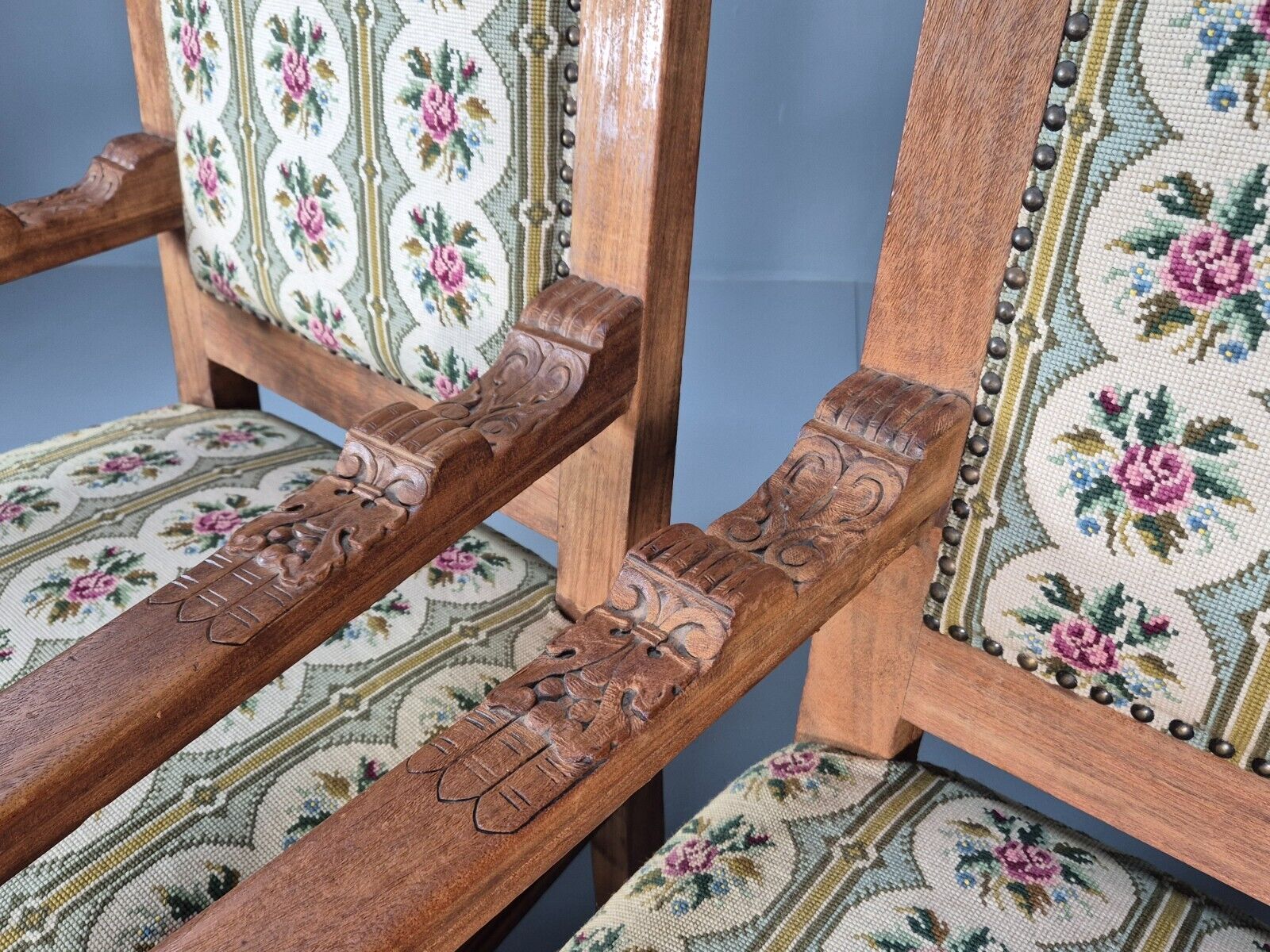 2 Vintage Danish Lounge Chairs Floral Embroidery Oak Frame Antique EB8916 VCAR - UKDK FURNITURE