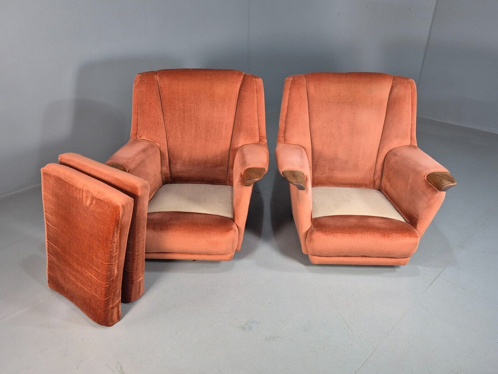 2 Vintage Lounge Chairs Pink Velour Teak Paws 1960s Retro EB8203 MNOR - UKDK FURNITURE