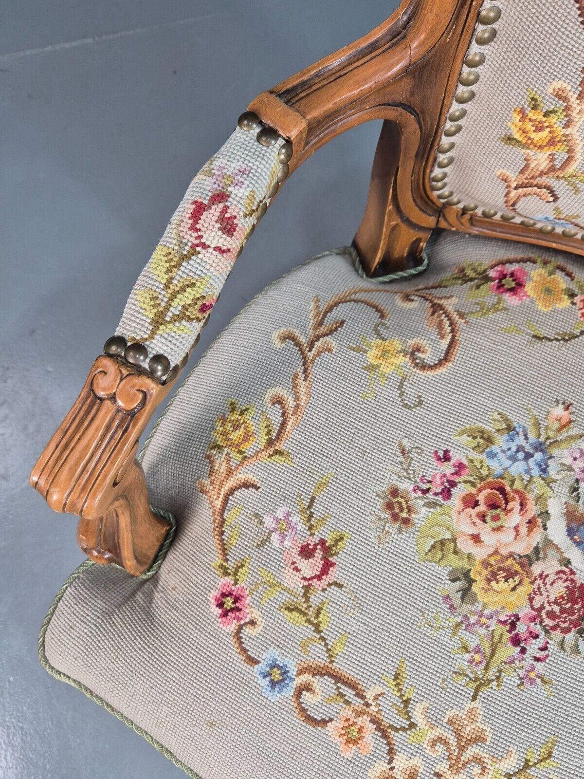 Vintage Danish Lounge Chair Fauteuil Floral Tapestry Hardwood French EB8081 VCAR - UKDK FURNITURE