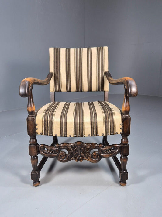 Vintage Danish Baroque Style Elbow Chair Striped Wool Upholstery EB9383 VCAR - UKDK FURNITURE
