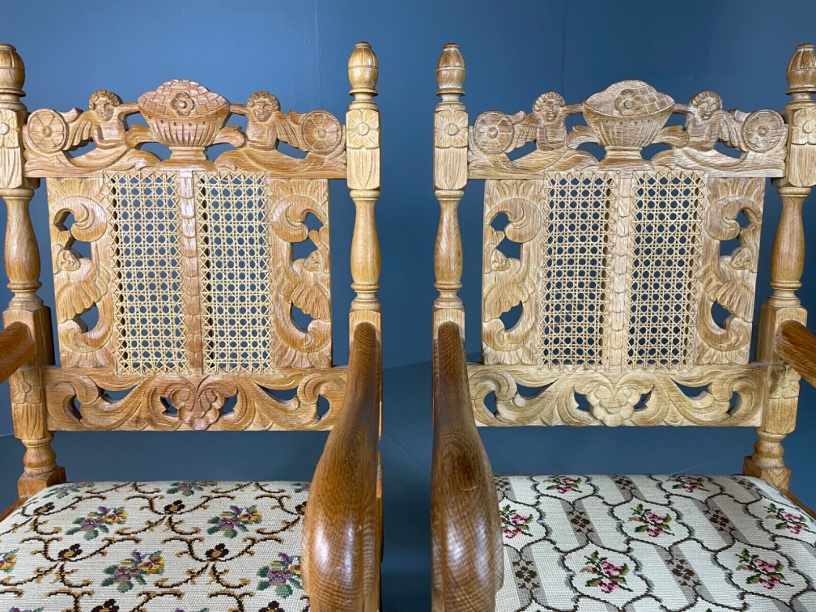 EB5172 2 Vintage Danish Carved Oak Elbow Chairs. Carolean Style, Antique VCAR - UKDK FURNITURE