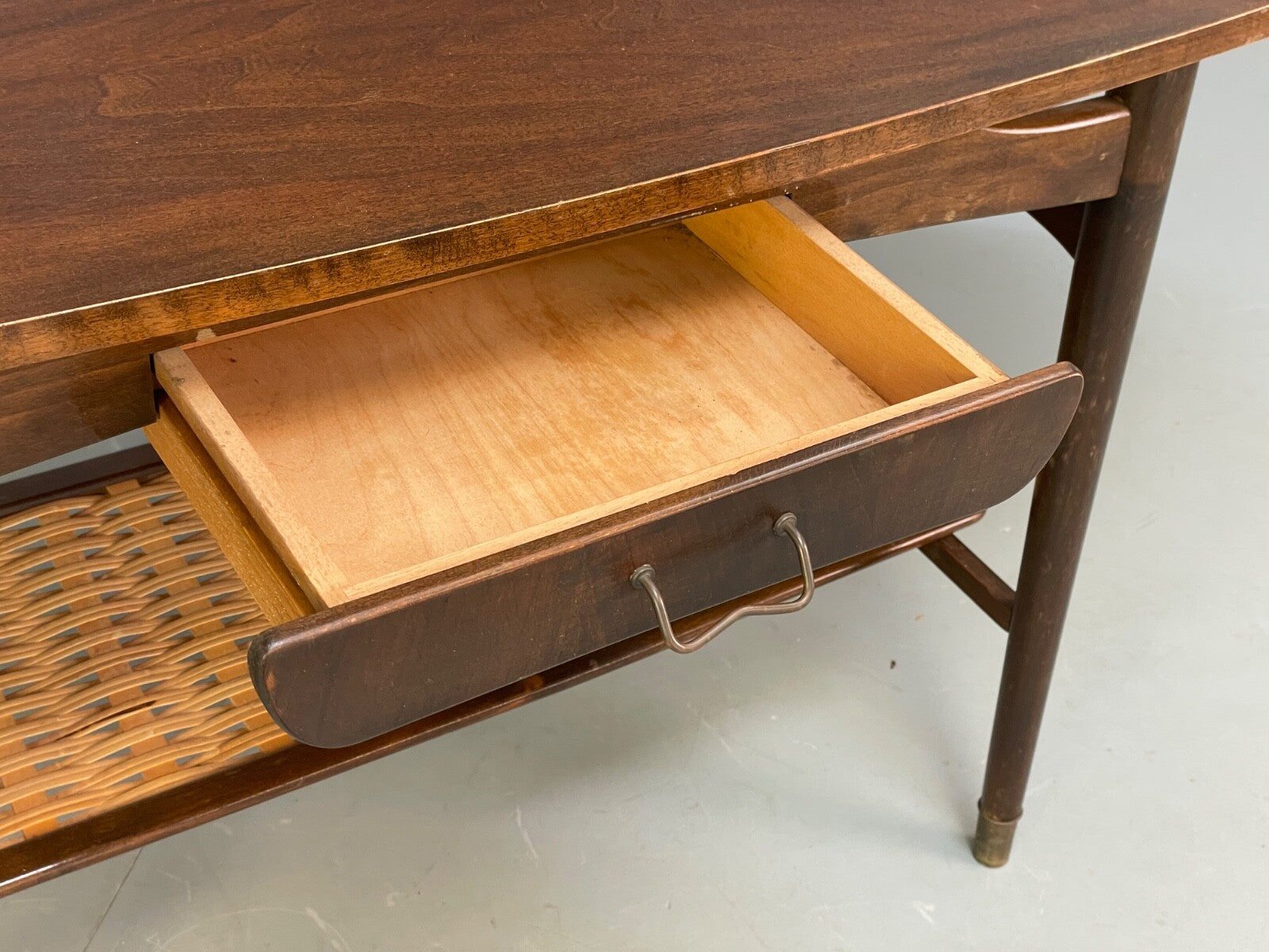 Vintage Walnut Extending Coffee Table Rattan Shelf Drawers 1950s EB9441 MWOO - UKDK FURNITURE