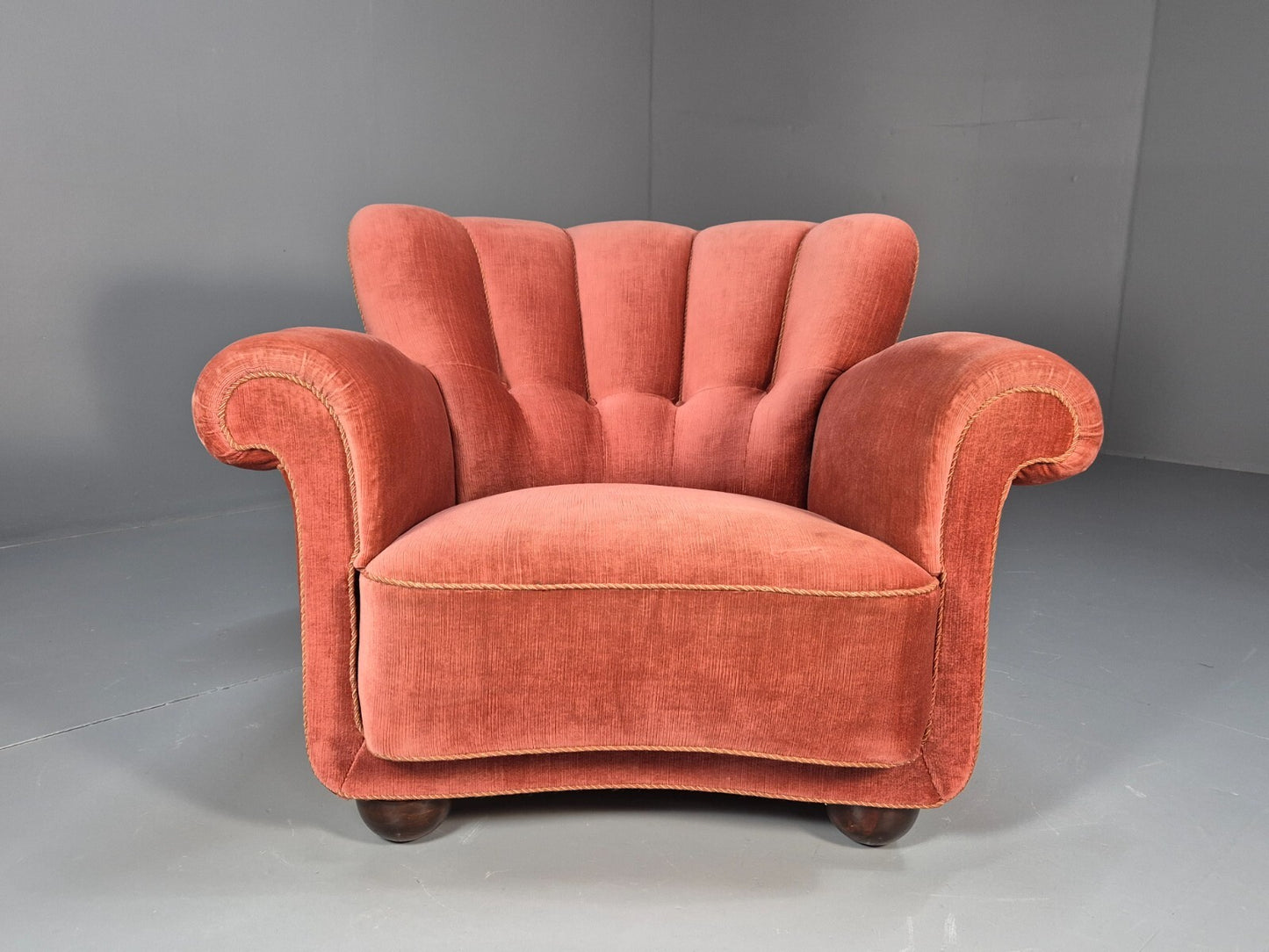 Vintage Danish Art Deco shell back Lounge Chair Pink Velour Bun Feet EB9556 MNOR - UKDK FURNITURE