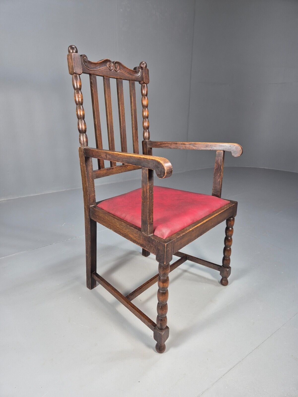 Vintage Elbow Chair Red Vinyl Oak Frame 1920s Antique EB9134 VDIN - UKDK FURNITURE