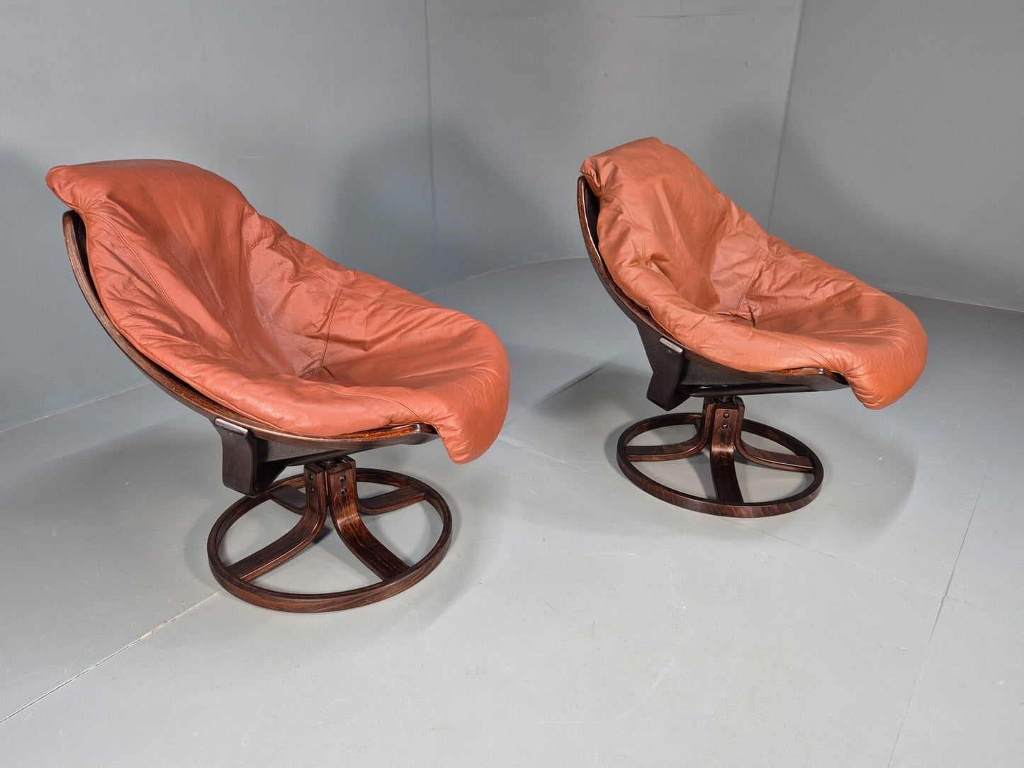2 Vintage Danish Tan Leather Lounge Chairs Swivel Base MCM Retro EB9299 MSWI - UKDK FURNITURE