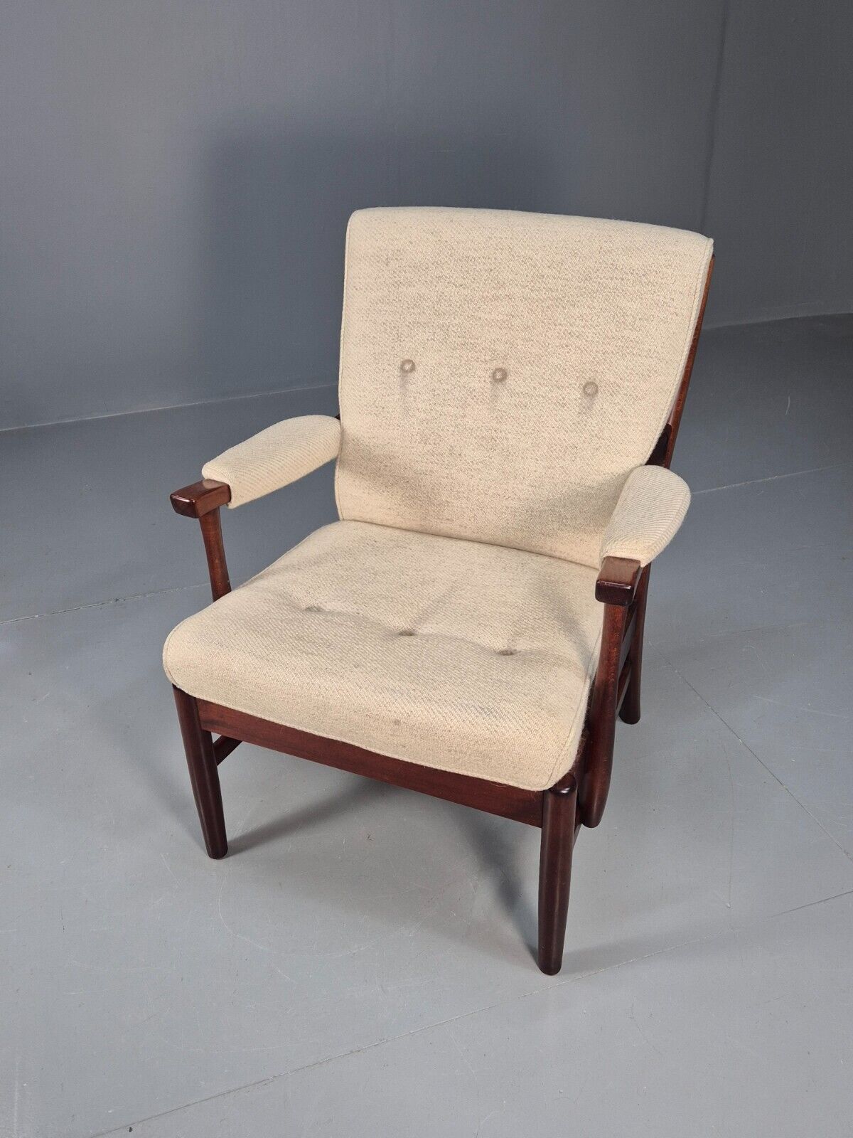 Vintage Danish Lounge Chair Beige Wool Wood Frame 1970s Retro EB8539 MNOR - UKDK FURNITURE