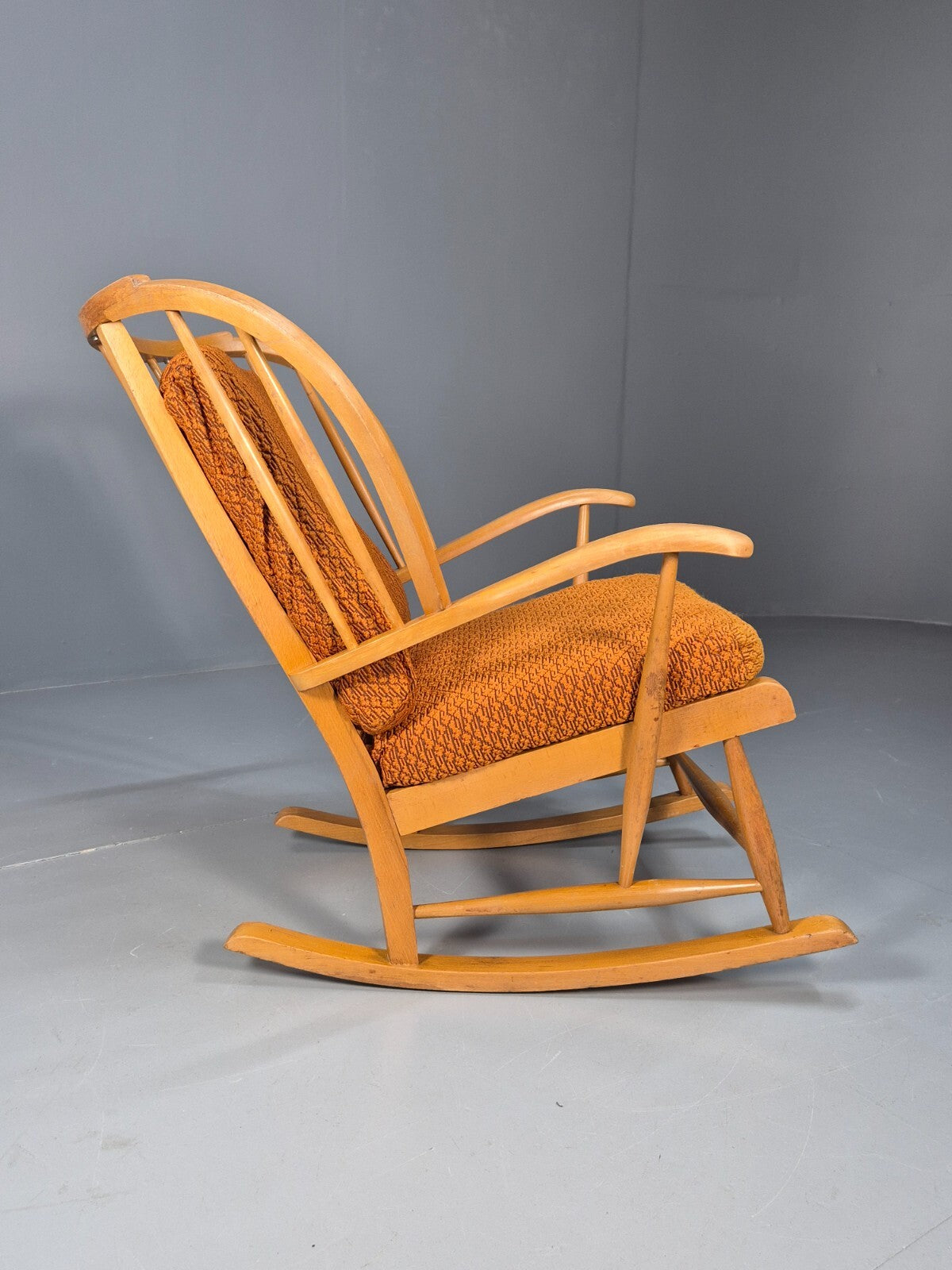Vintage 1950s Rocking Chair Orange Pattern Fabric Beech Frame Retro EB9481 MNOR - UKDK FURNITURE