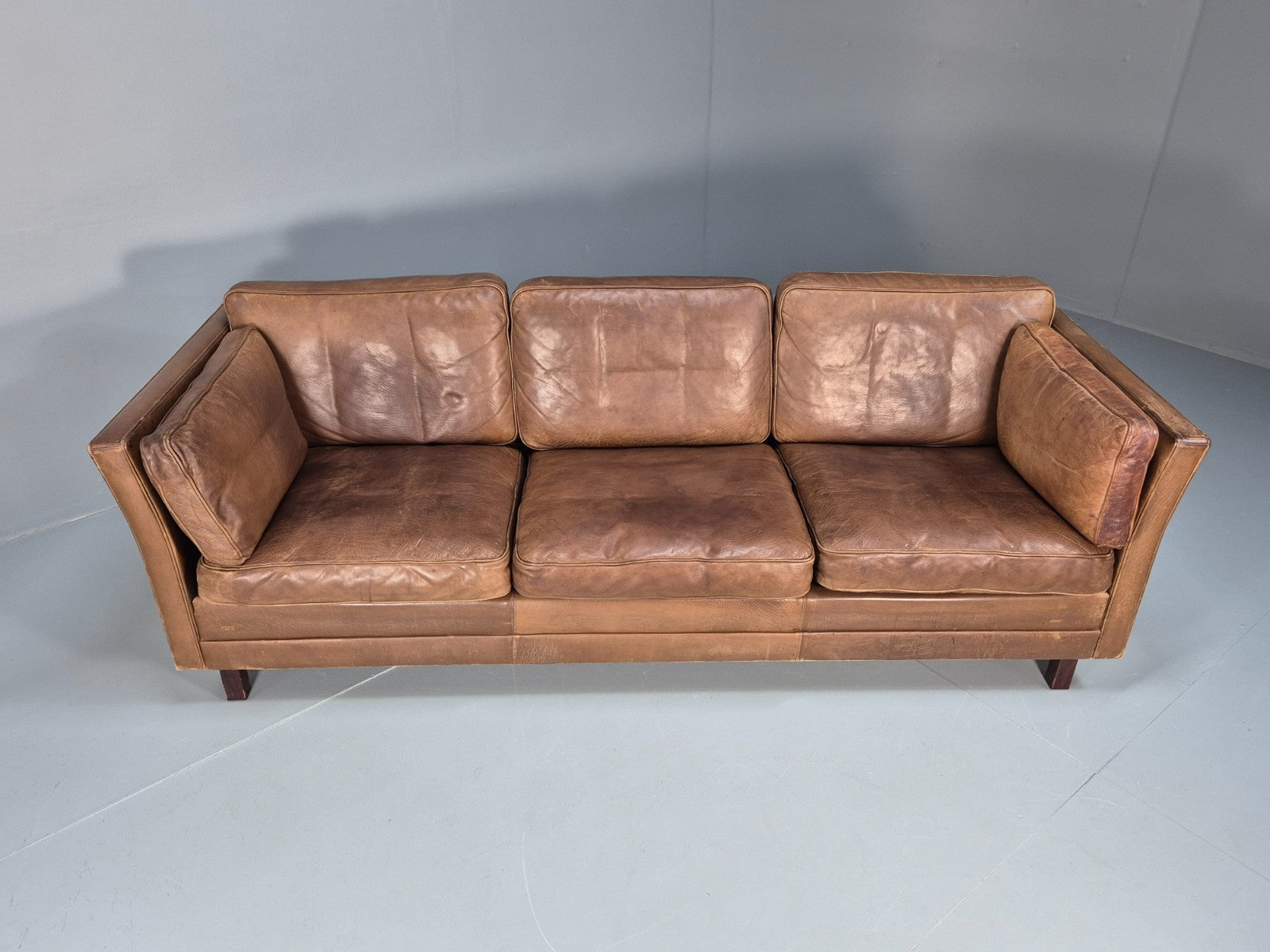 Mid Century 3 Seater Leather Sofa Danish Tan Leather  1970s Retro EB10102 M3SS3