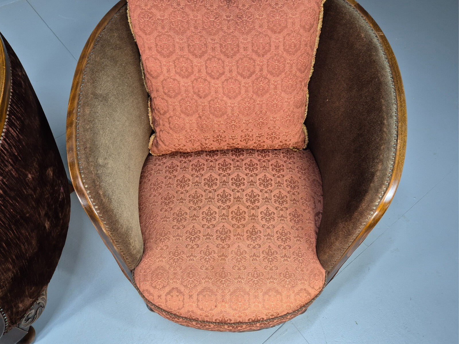 2 Vintage Art Deco Danish Tub Lounge Chairs Damask and Velvet 1940s EB9004 VCLO - UKDK FURNITURE