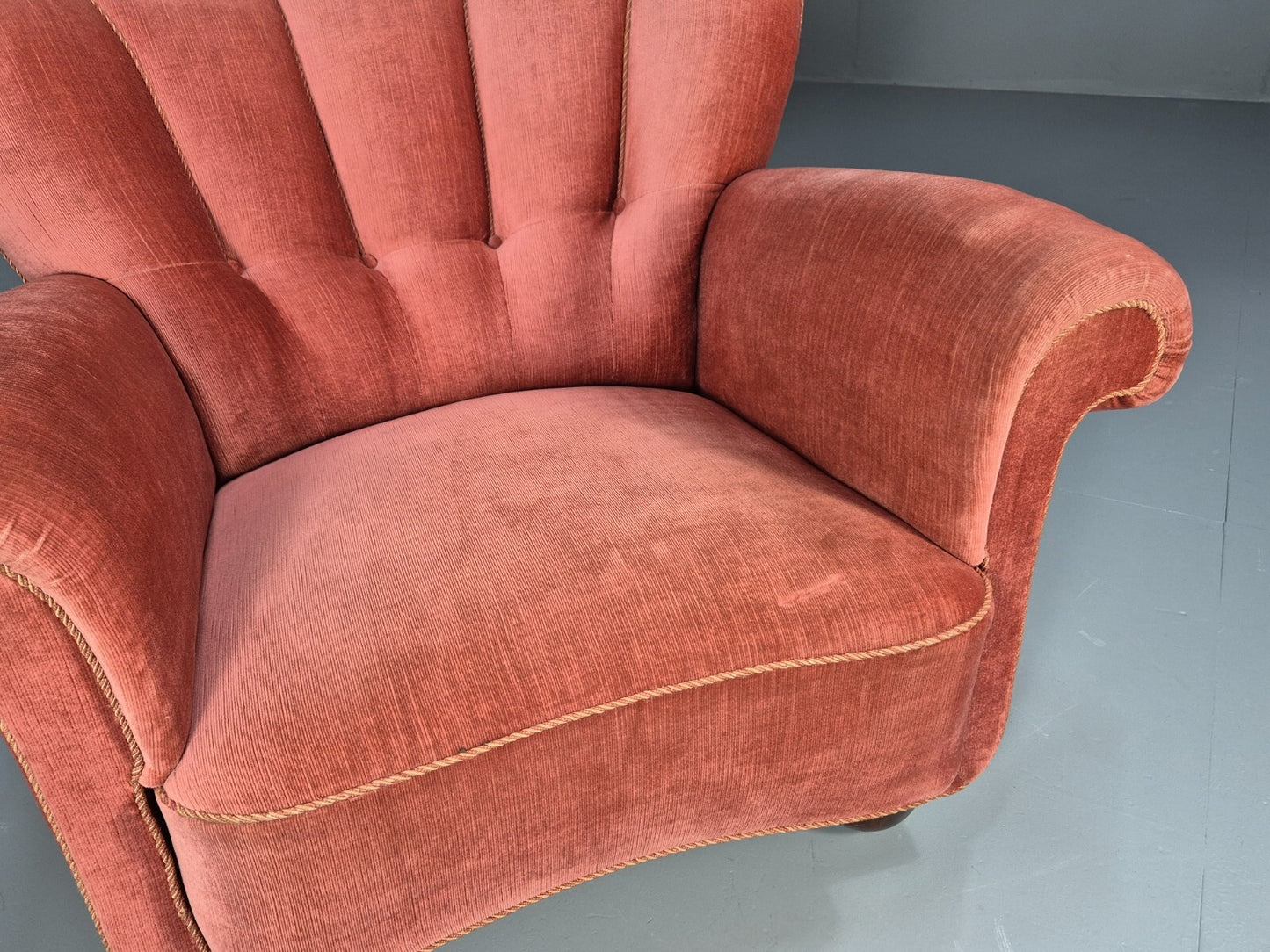 Vintage Danish Art Deco shell back Lounge Chair Pink Velour Bun Feet EB9556 MNOR - UKDK FURNITURE