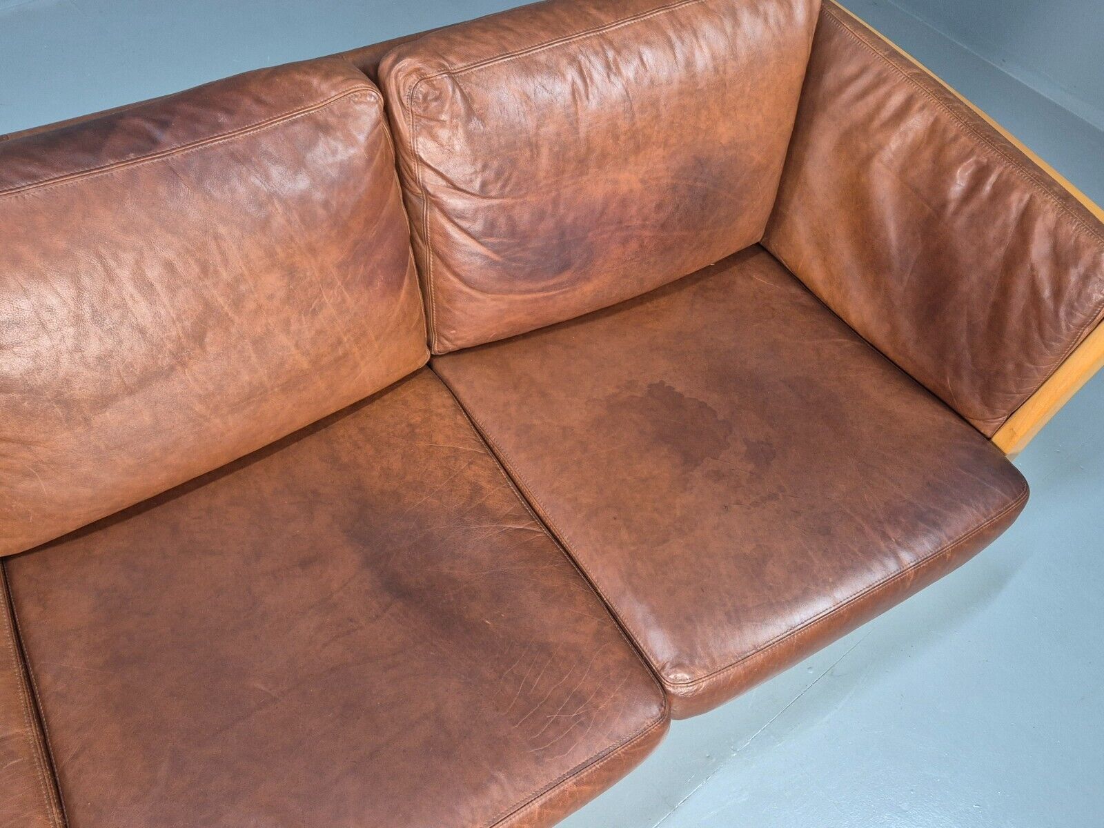 Vintage Danish 3 Seat Sofa Tan Leather Beech Ends Stouby Style MCM EB8751 M3SS - UKDK FURNITURE