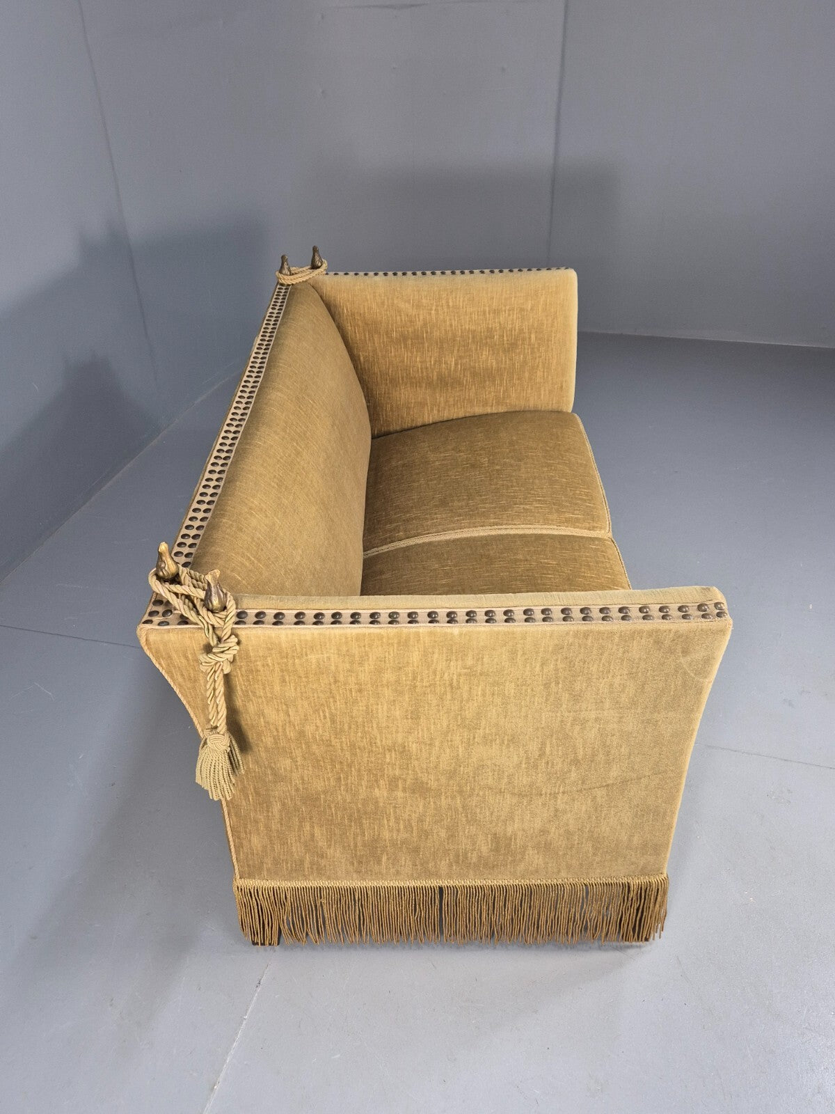 Vintage Two Seater Sofa Green Velour Studded Tassels Danish Design EB9549 V2SS - UKDK FURNITURE