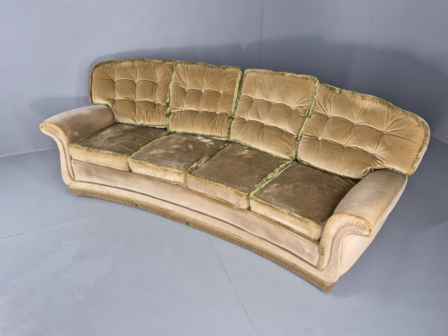 Vintage 4 Seater Sofa 1970s Retro Curved Green Velour EB11780 M4SS22