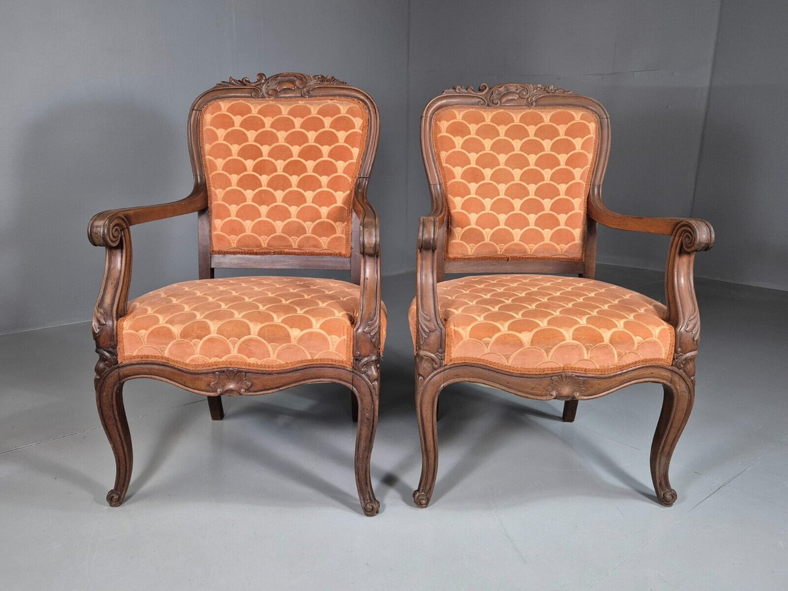 Vintage Fautueil Chairs Orange Upholstery Mahogany Antique EB7380 VCLO - UKDK FURNITURE