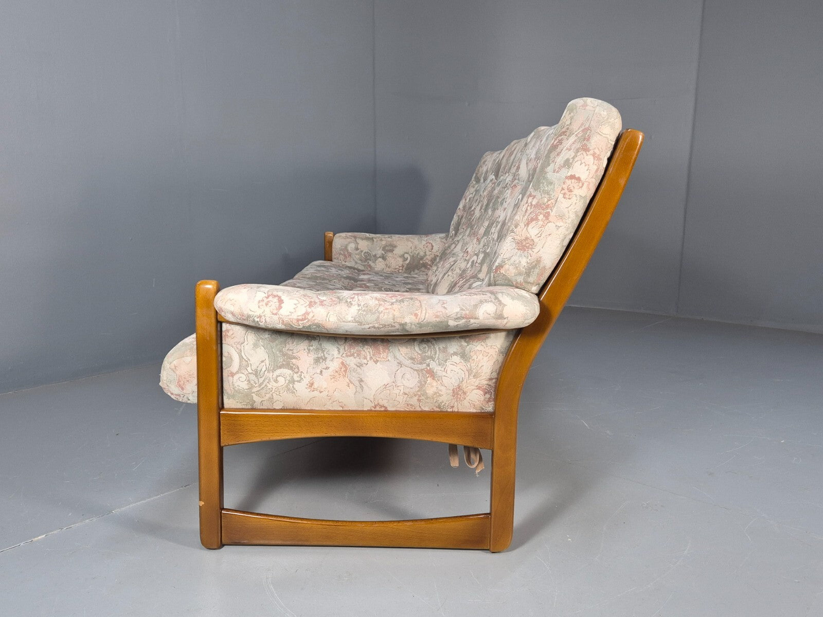 Vintage 1970s Wood Frame 3 Seat Sofa Floral Cotton Upholstery Retro EB9474 M3SS - UKDK FURNITURE