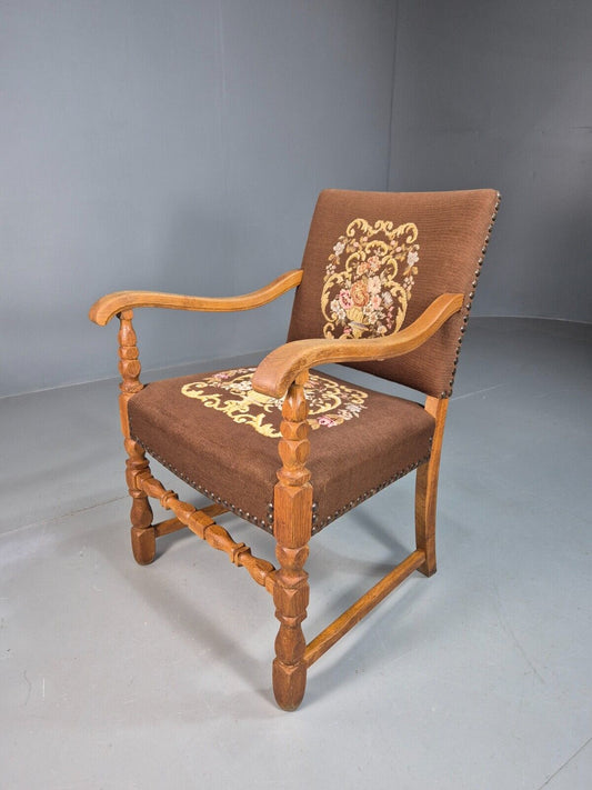 Vintage Danish Carved Elbow Chair Oak Frame Brown Floral Fabric EB8033 VCAR - UKDK FURNITURE