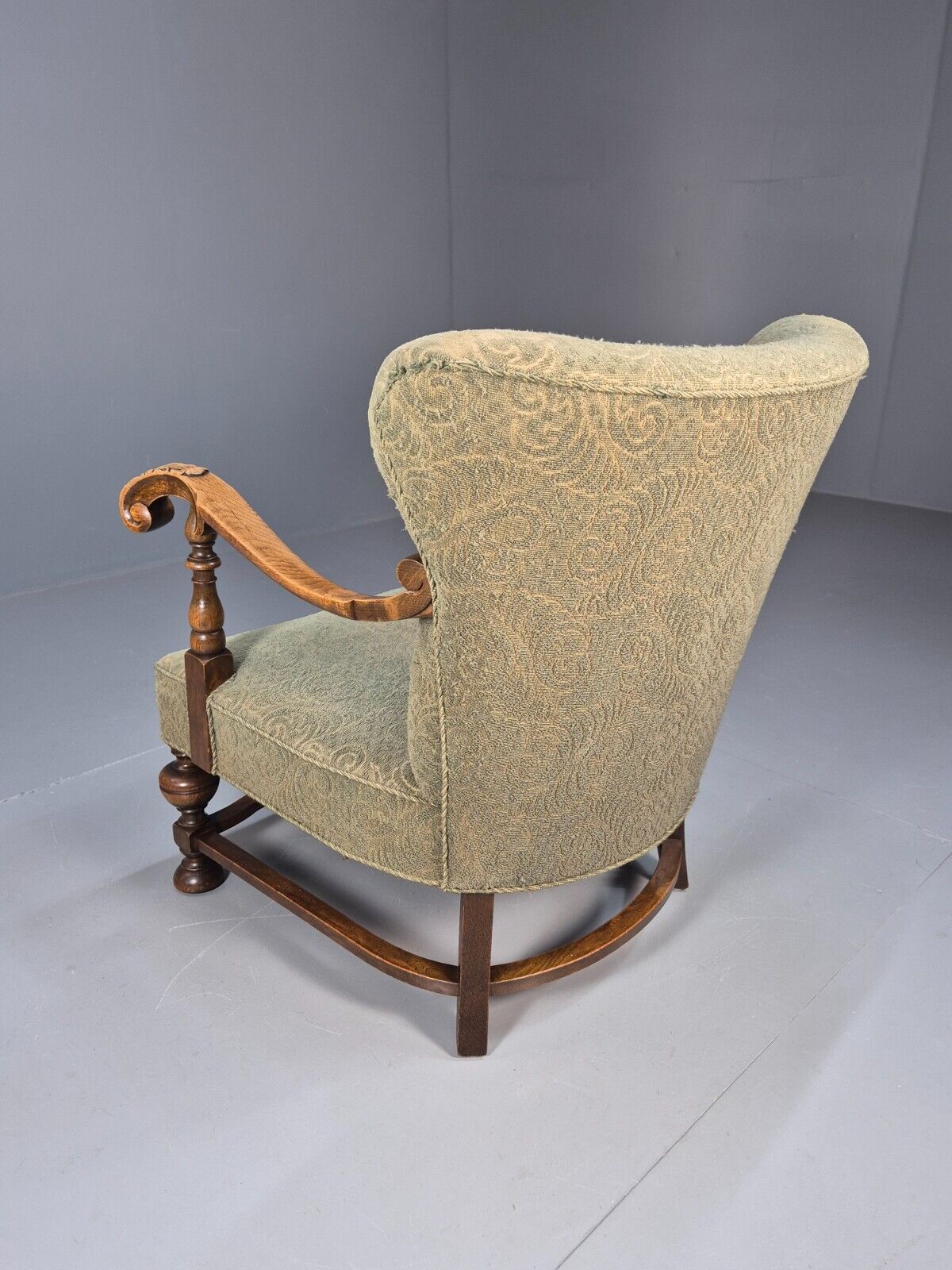 Vintage Danish Lounge Chair Green Moquette Carved Oak Frame 1940s EB8981 VCLO - UKDK FURNITURE
