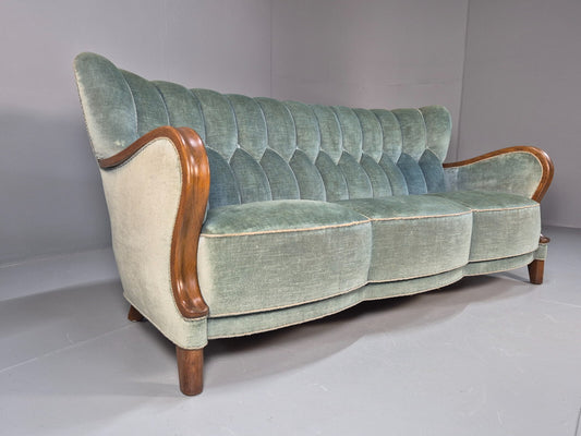 Vintage Danish Art Deco Sofa Blue Velvet Velour Oak Frame Shell Back EB9591 V3SS - UKDK FURNITURE