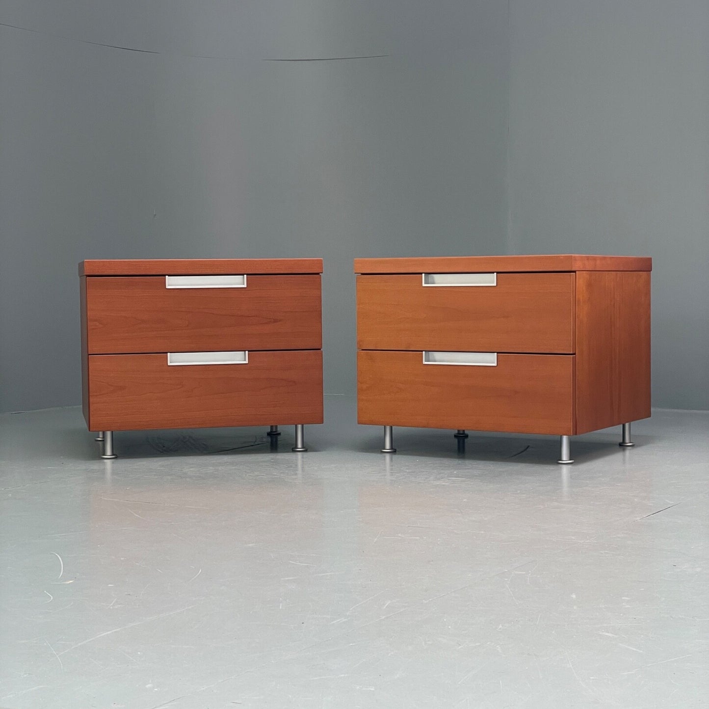Vintage Pair Bedside Tables Cherry Wood Aluminium 1980s Drawers EB9819 MWOO - UKDK FURNITURE