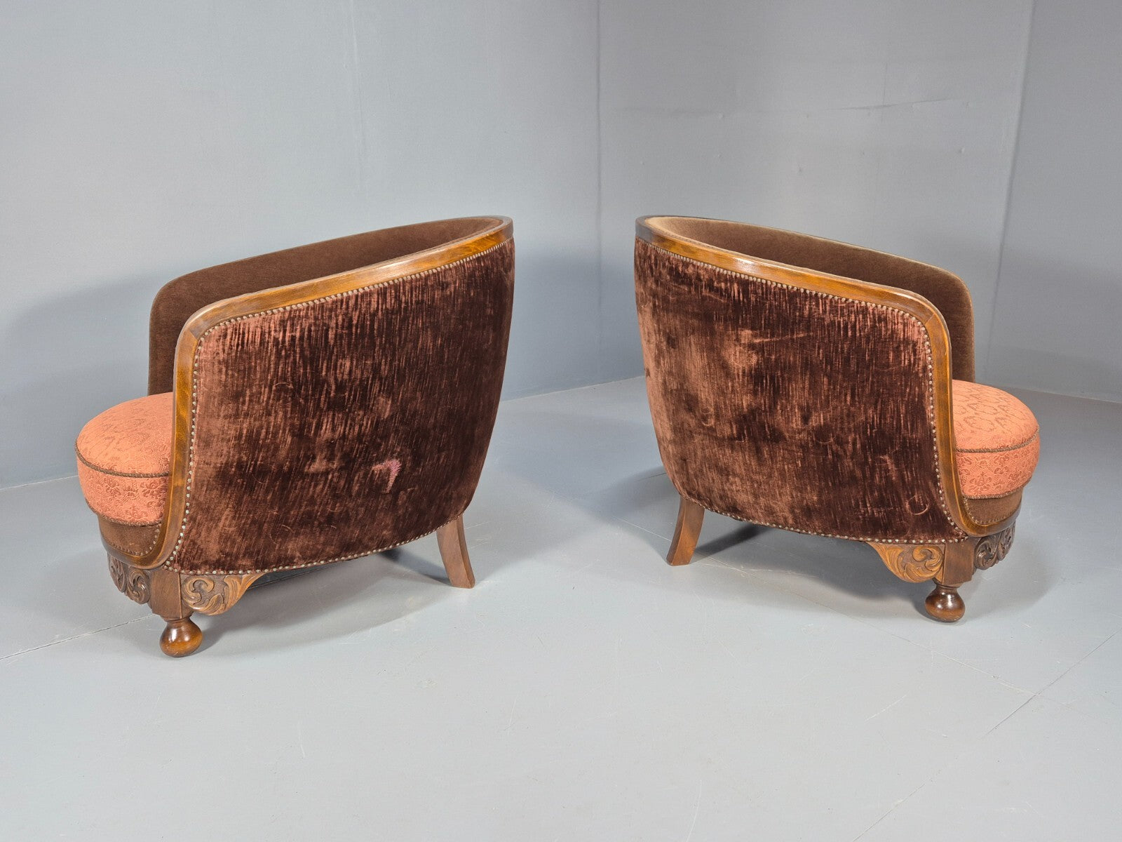 2 Vintage Art Deco Danish Tub Lounge Chairs Damask and Velvet 1940s EB9004 VCLO - UKDK FURNITURE