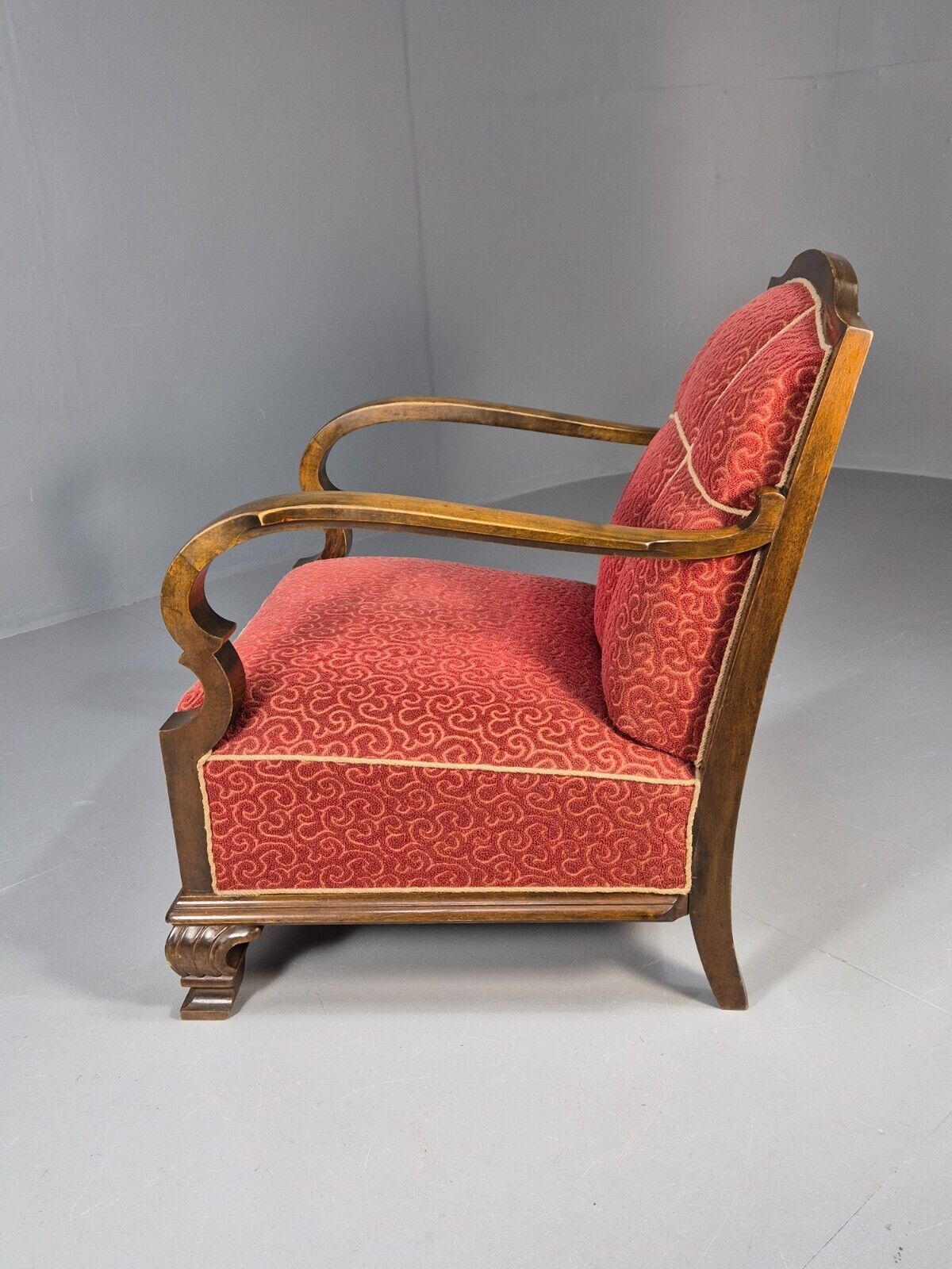 Vintage Danish Lounge Chair Red Moquette Beech Frame 1920s Antique EB8939 VCLO - UKDK FURNITURE