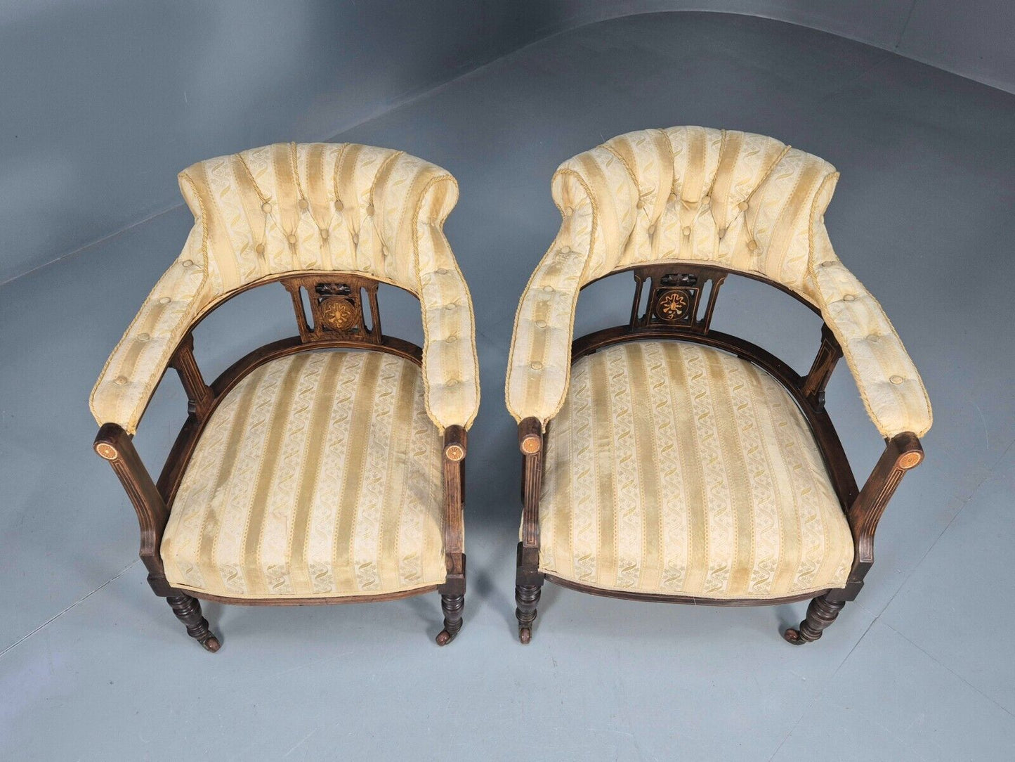 2 Vintage Lounge Chair Gold Stripe Mahogany Inlay Edwardian Revival EB8429 VCLO - UKDK FURNITURE