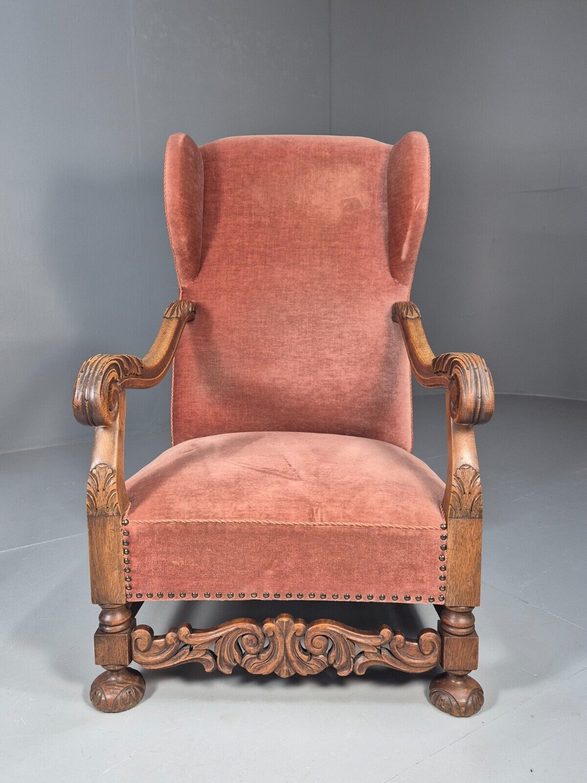 Vintage Danish Lounge Chair Pink Peach Velour Oak 17th Century Style EB8985 VCLO - UKDK FURNITURE