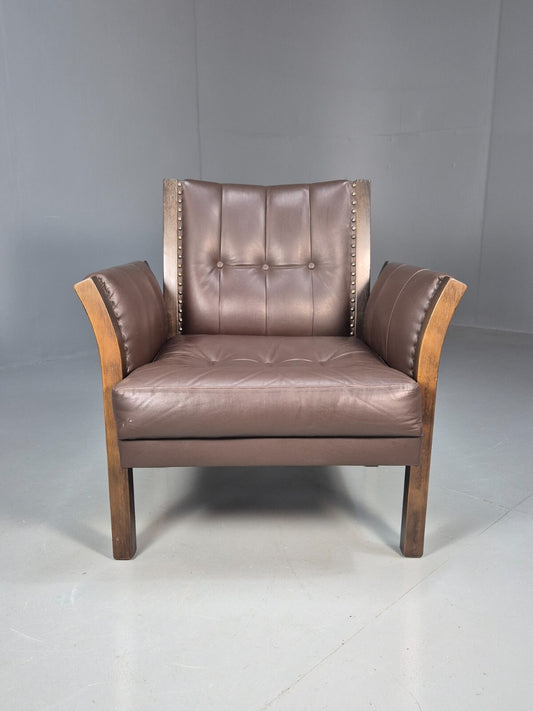 Vintage Danish Lounge Chair Brown Leather Beech Frame Antique Style EB8493 VLEA - UKDK FURNITURE
