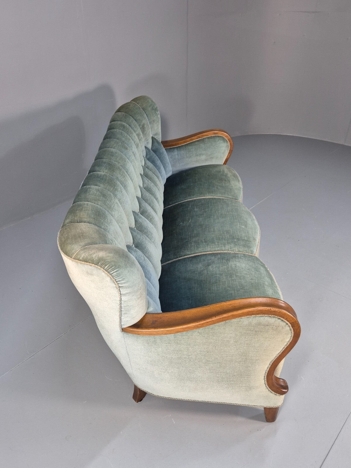 Vintage Danish Art Deco Sofa Blue Velvet Velour Oak Frame Shell Back EB9591 V3SS - UKDK FURNITURE