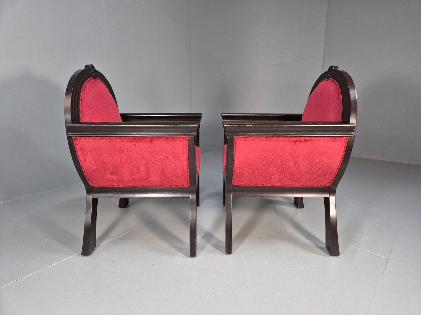 2 Vintage Danish Lounge Chairs Red Velour Mahogany Gondola Style EB8997 VCLO - UKDK FURNITURE
