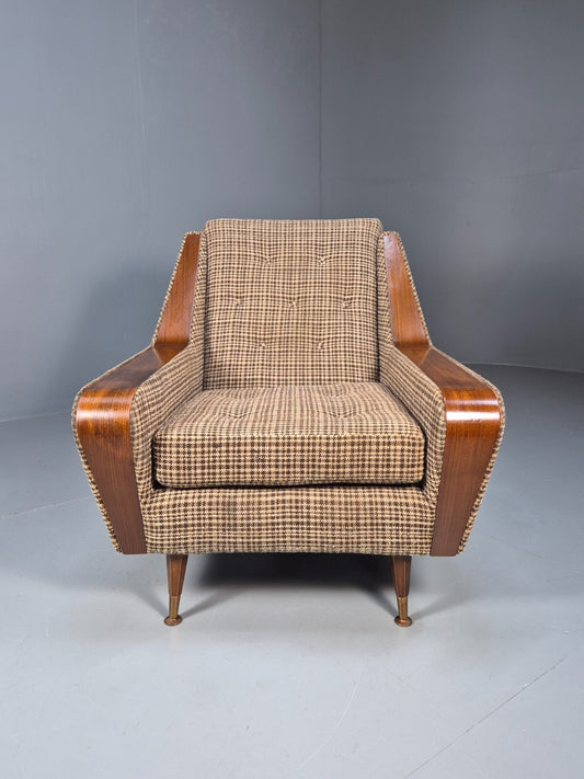 Vintage 1960s Lounge Chair Teak Detail Brown and Cream Check Retro EB9403 MNOR - UKDK FURNITURE