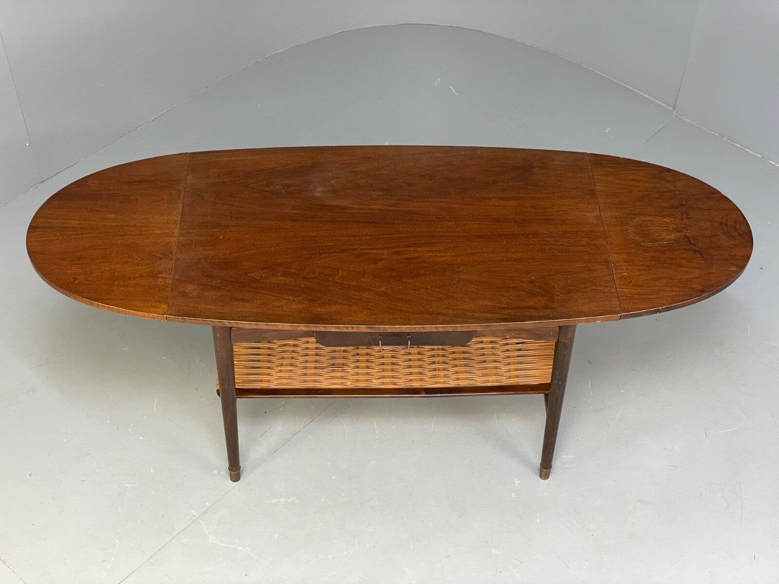 Vintage Walnut Extending Coffee Table Rattan Shelf Drawers 1950s EB9441 MWOO - UKDK FURNITURE