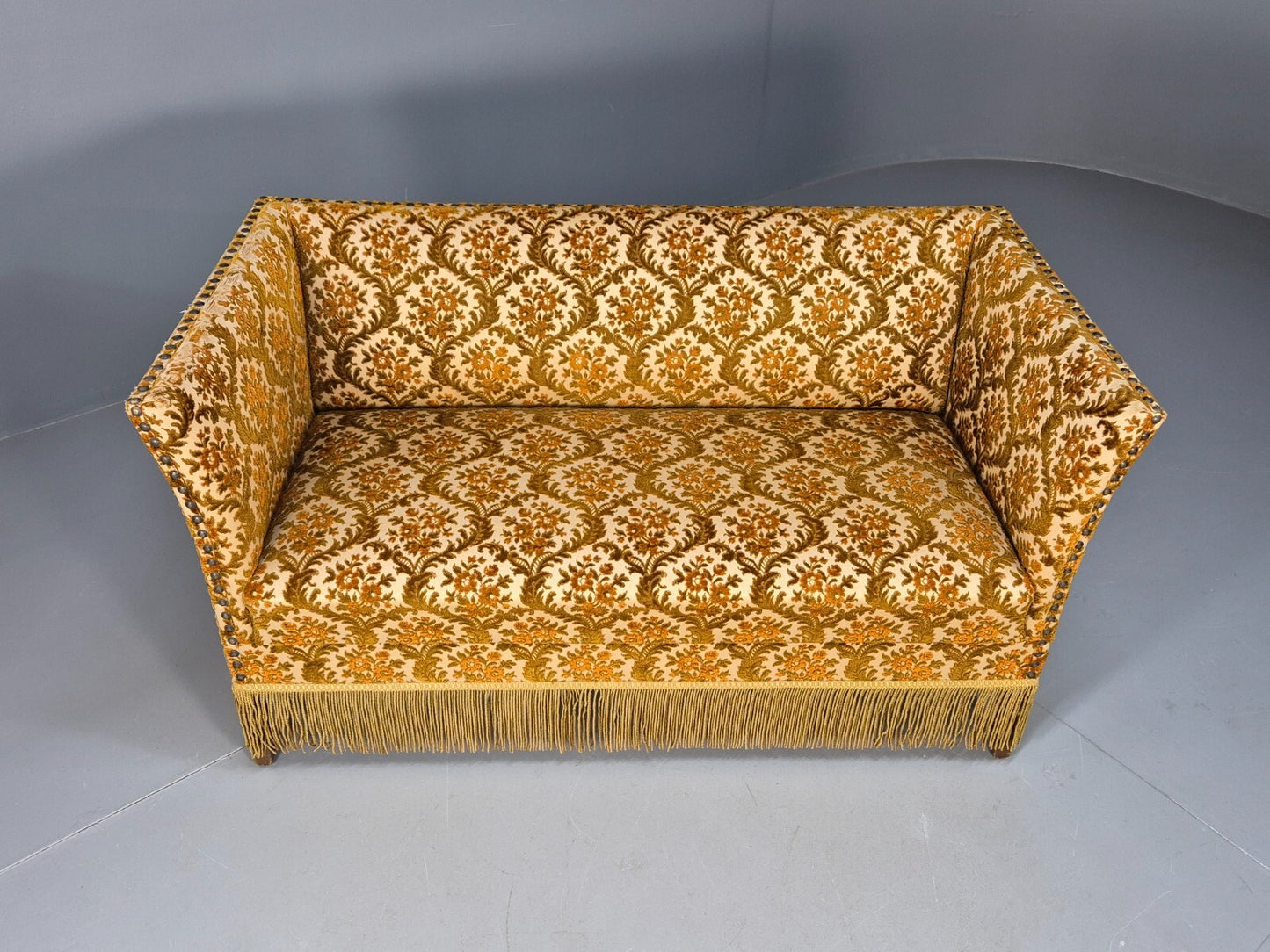 Vintage Danish 2 Seat Sofa Compact and Boxy Gold Moquette Tassels EB9588 V2SS - UKDK FURNITURE
