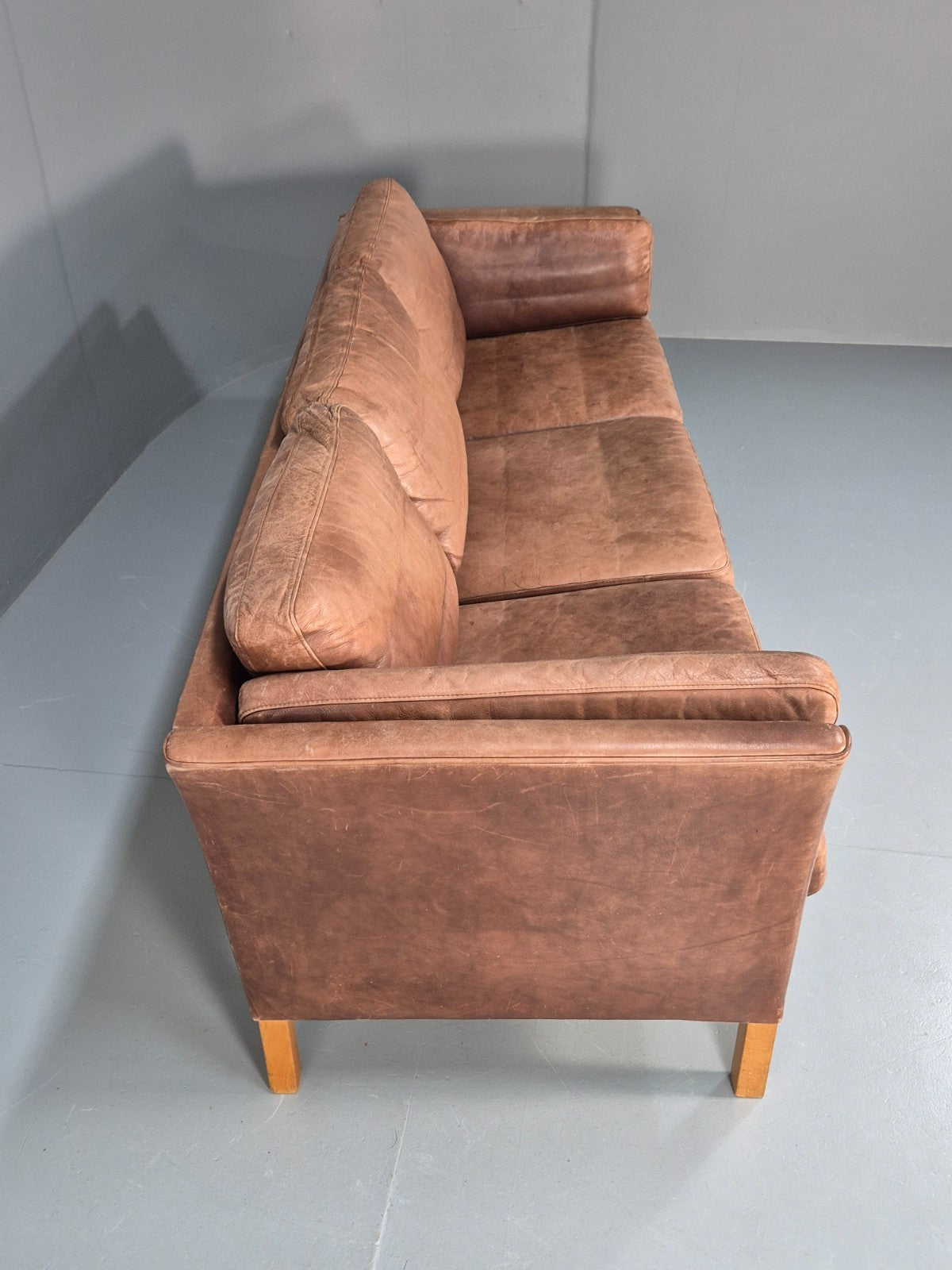 Retro Three Seater Sofa Brown Leather Danish Mid Century Design 70s EB10106 M3SS13