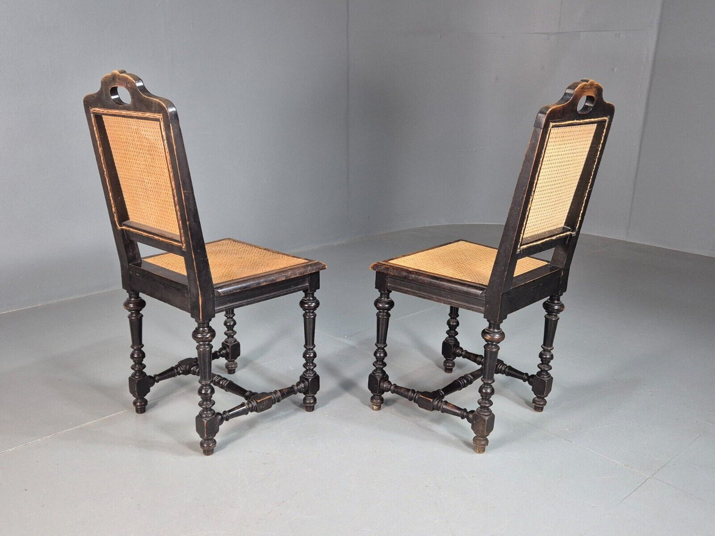 2 Vintage Dining Chairs Bergere Ebonised Aesthetic Movement Antique EB7975 VBER - UKDK FURNITURE