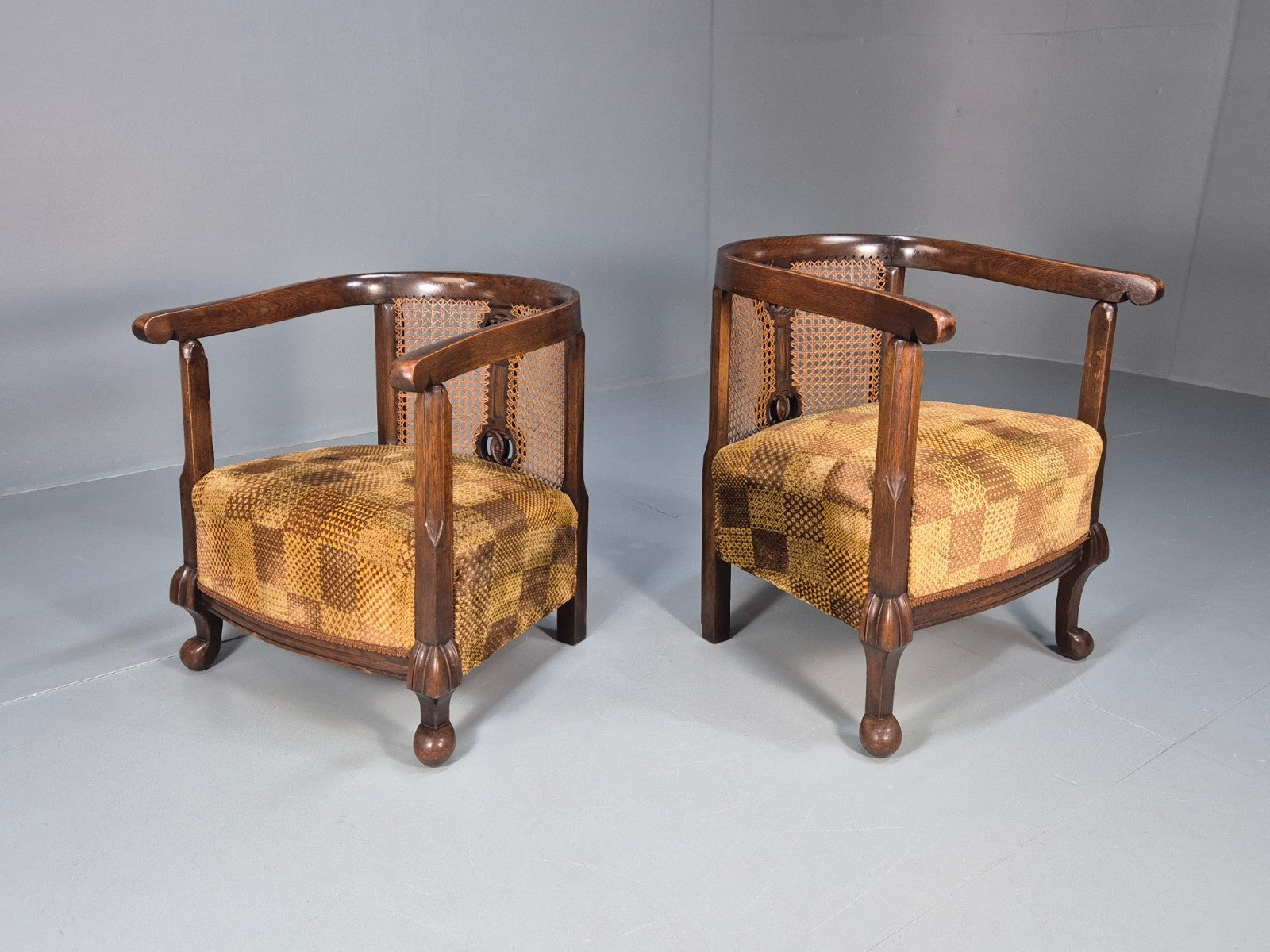 Pair Art Deco Tub Chairs Bergere Back Oak Frame Brown Velour 1930s EB10696 VCAR1