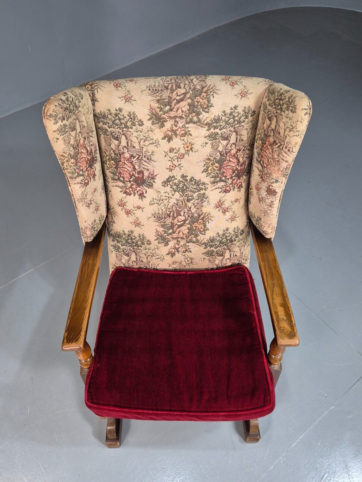 Vintage Wing Back Rocking Chair Floral Upholstery Beech Frame 1950s EB7936 MNOR - UKDK FURNITURE
