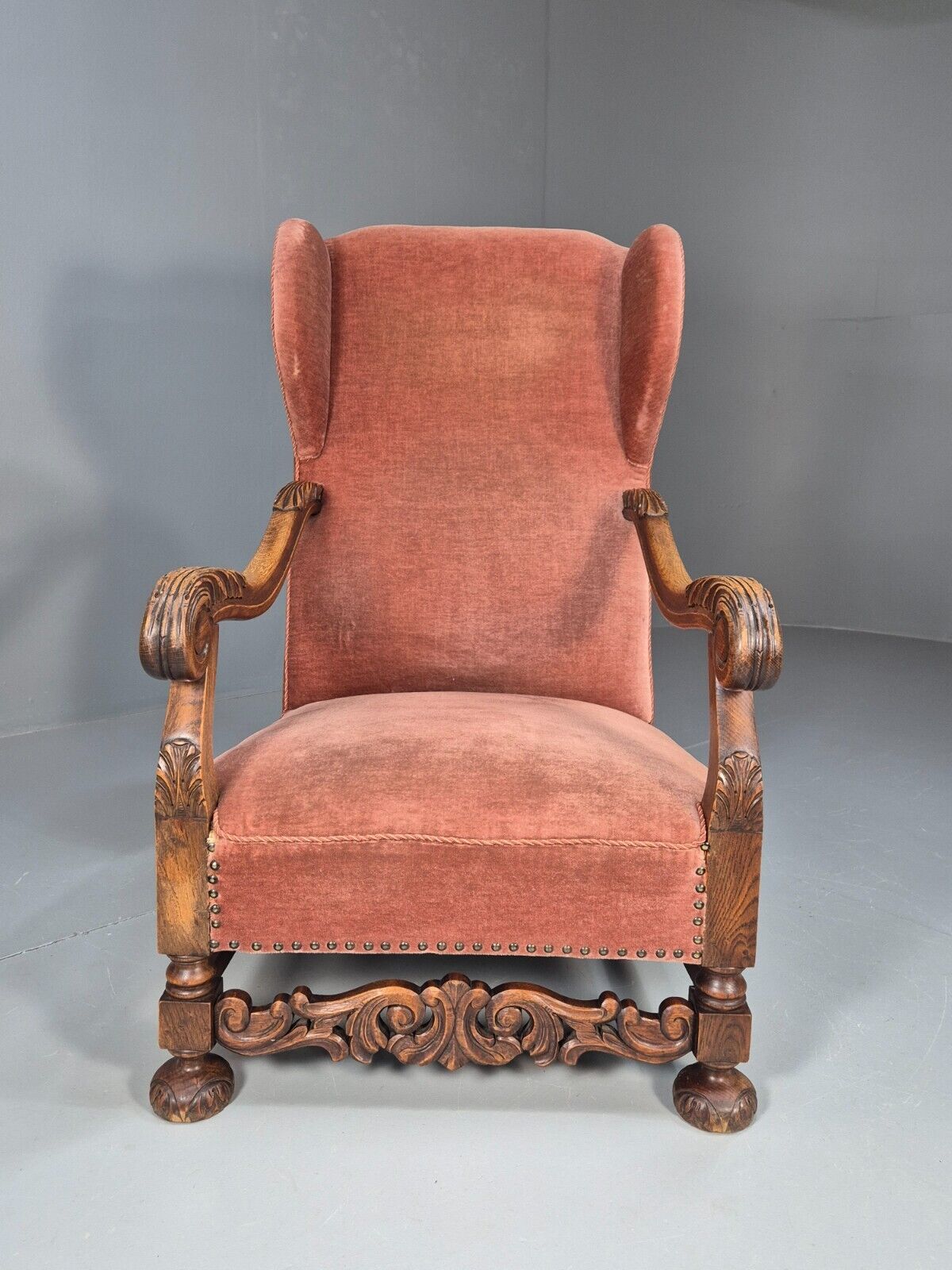 Vintage Danish Lounge Chair Pink Peach Velour Oak 17th Century Style EB8970 VCLO - UKDK FURNITURE