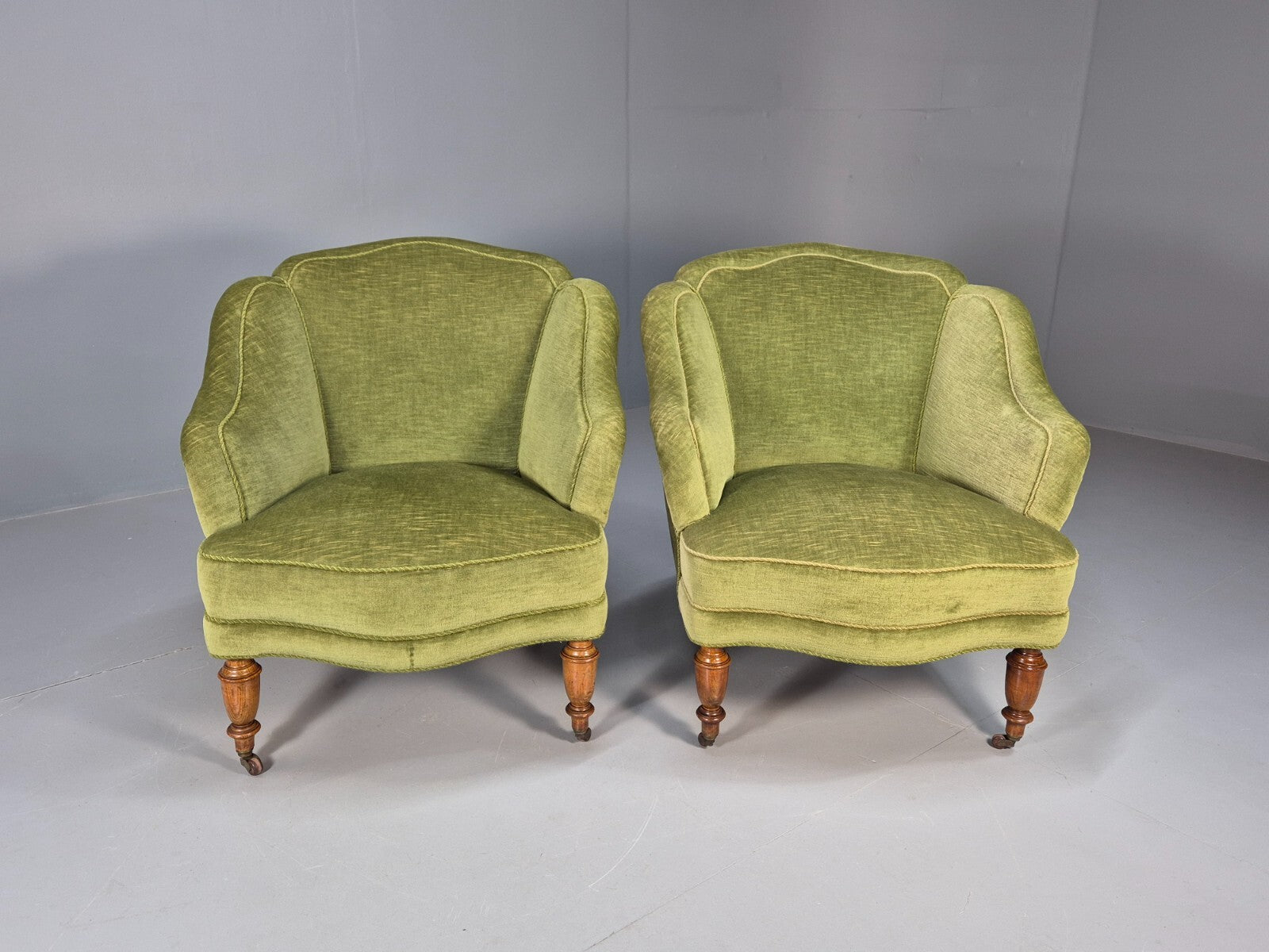 2 Vintage Danish Antique Tub Chairs Green Velour 19th Century EB9033 VCLO - UKDK FURNITURE