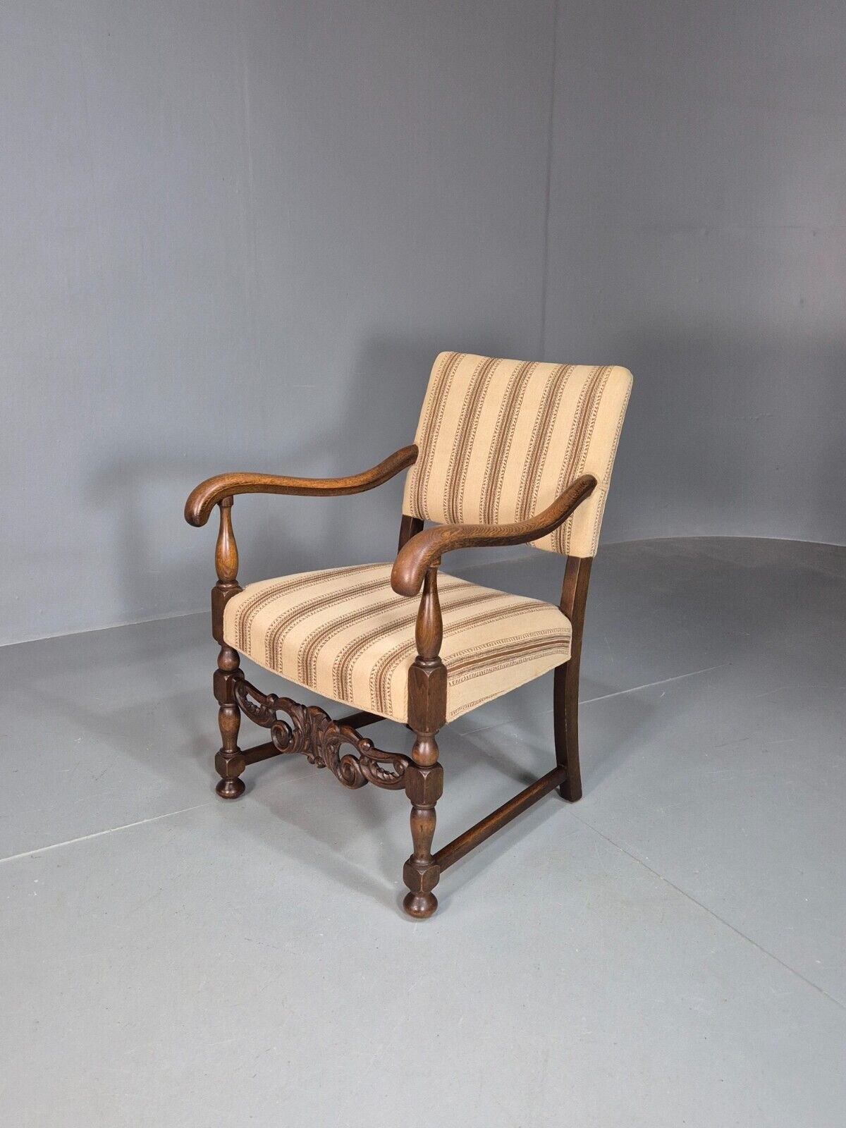 Vintage Danish Elbow Chair Cream Stripe Oak Frame 1950s Repro EB8084 VDIN - UKDK FURNITURE