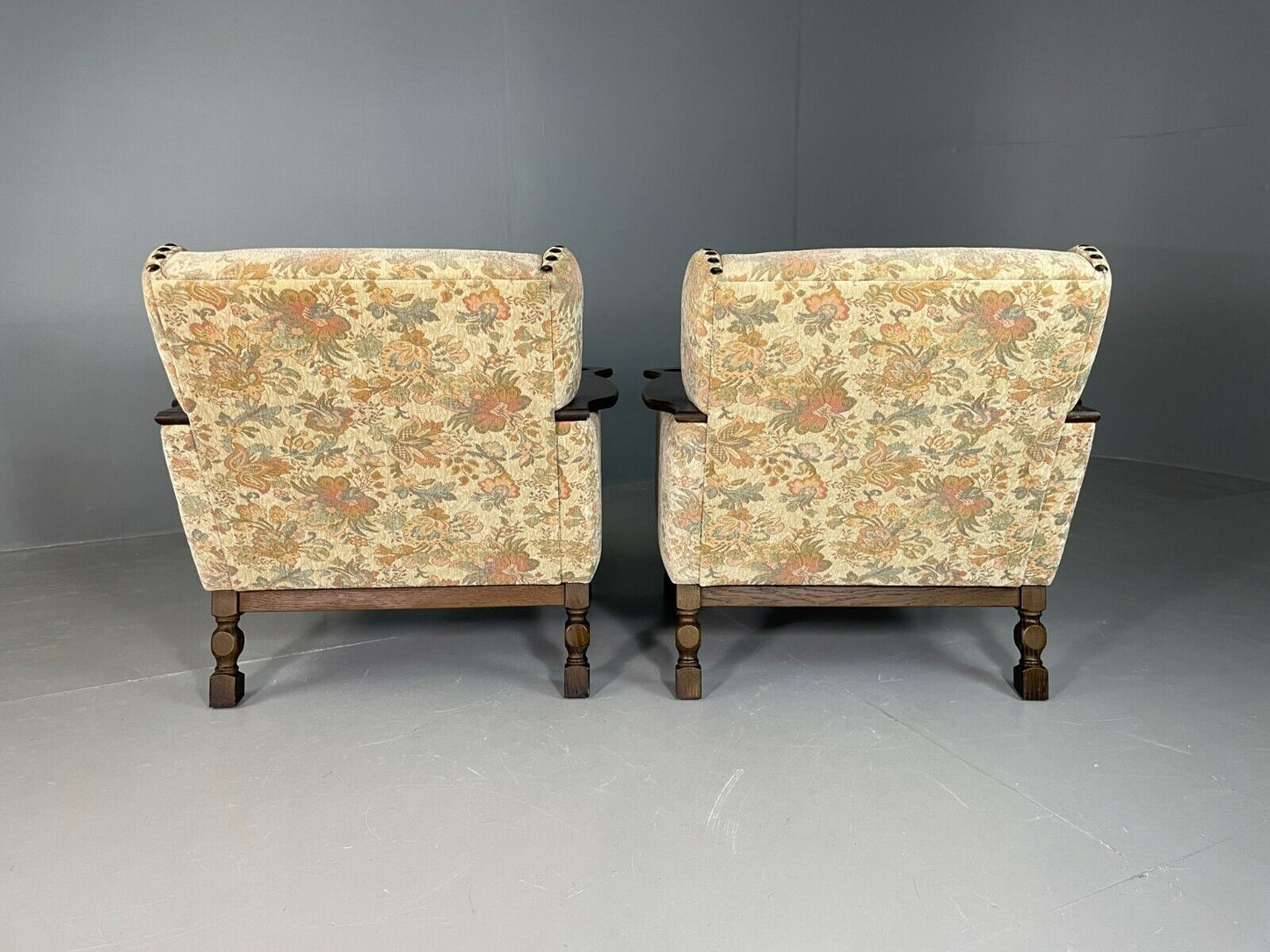 2 Vintage Danish Lounge Chairs Floral Cotton Oak Frame Retro EB6690 MNOR - UKDK FURNITURE