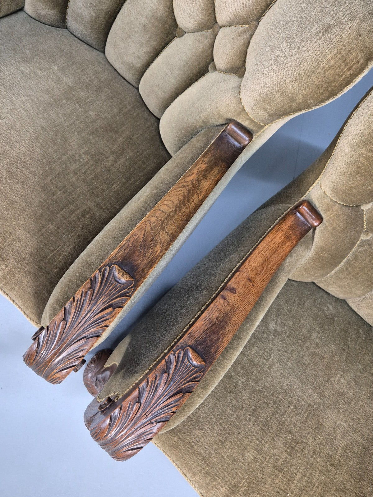 2 Antique Carved oak Danish Lounge Chairs Mink Velour Fan Back 1930s EB9557 VCLO - UKDK FURNITURE