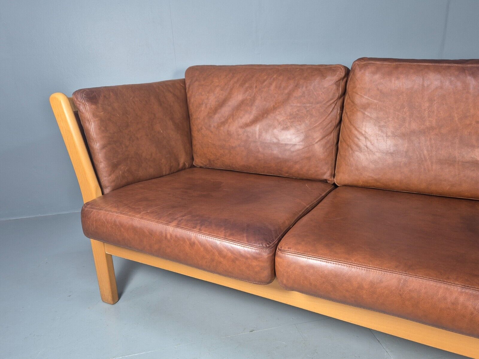 Vintage Danish 3 Seat Sofa Tan Leather Beech Ends Stouby Style MCM EB8751 M3SS - UKDK FURNITURE