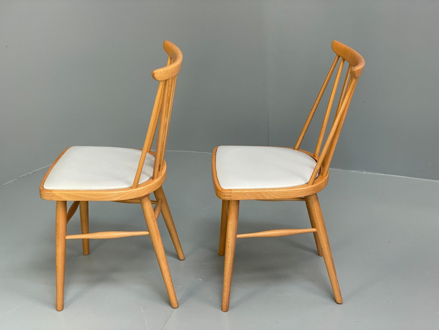 Mid Century Beech Dining Chairs Pair Off White Vinyl 1960s EB9779 MDIN - UKDK FURNITURE