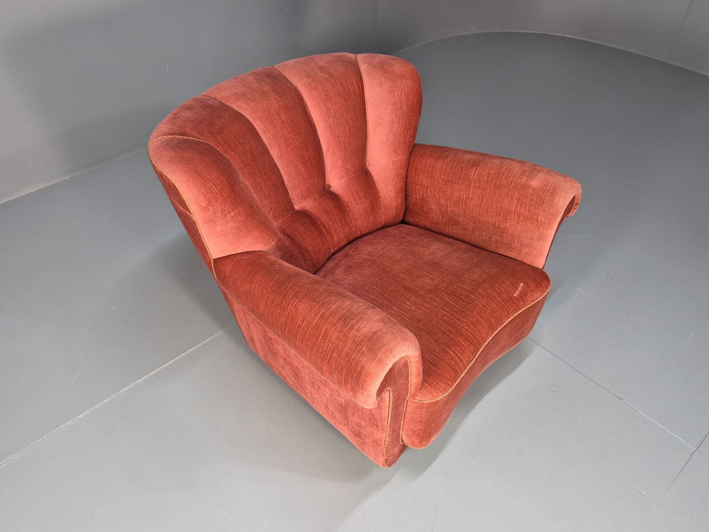 Vintage Danish Art Deco shell back Lounge Chair Pink Velour Bun Feet EB9556 MNOR - UKDK FURNITURE