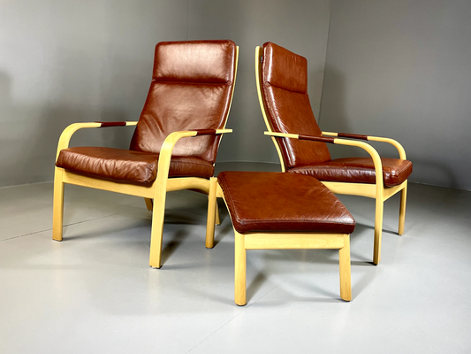 2 Vintage Danish Lounge Chairs And Footstool Bentwood Leather Retro EB6254MBEN - UKDK FURNITURE
