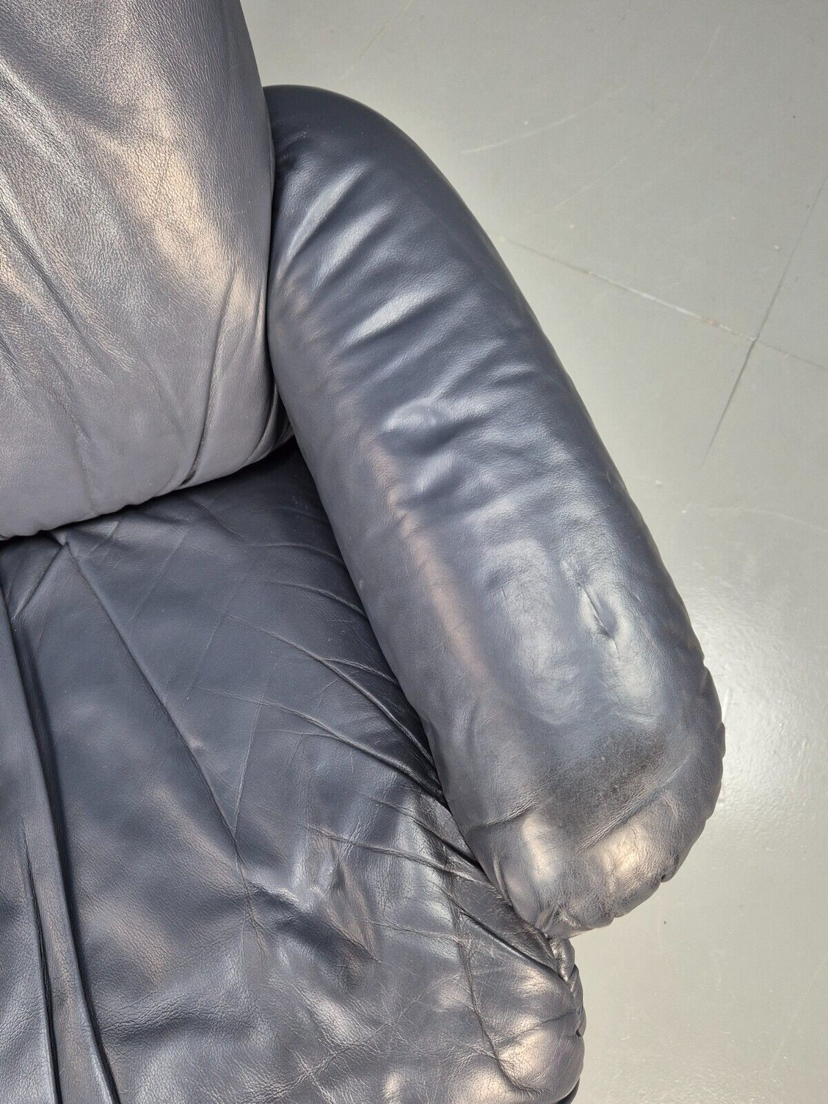 Vintage Danish Swivel Chair Blue Grey Leather Reclines 1980s Retro Eb8465 MSWI - UKDK FURNITURE