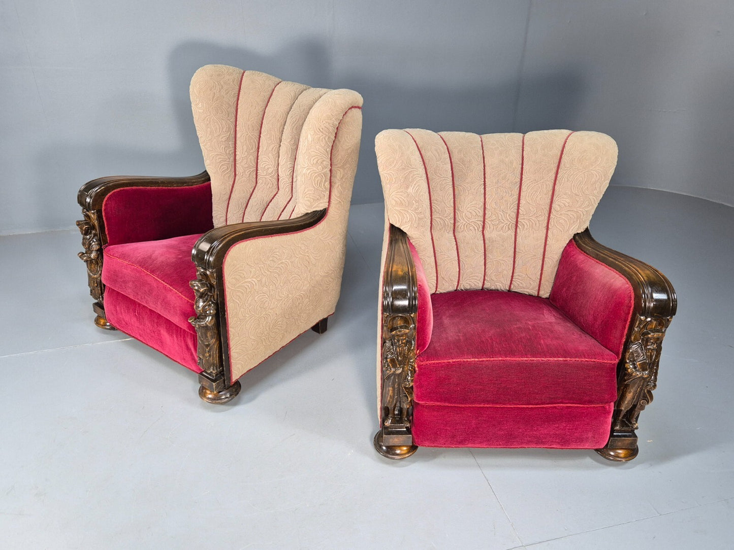 Art Deco Style Armchairs Pair Carved Oak Figures Creme Red Velour EB9586 VCAR - UKDK FURNITURE