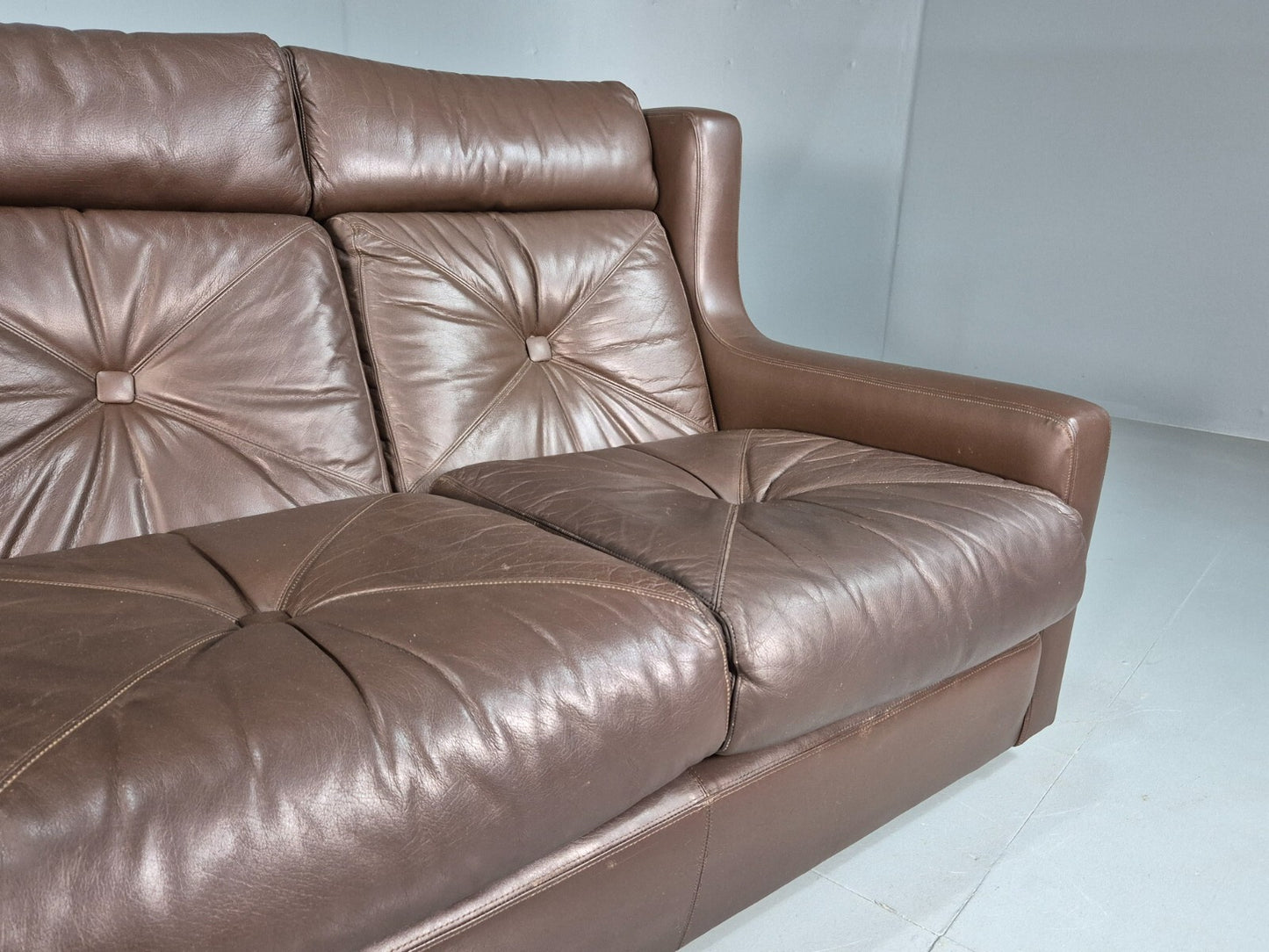 Vintage Danish 3 Seat Sofa Brown Leather Wing Back 1970s Retro MCM EB7977 M3SS - UKDK FURNITURE